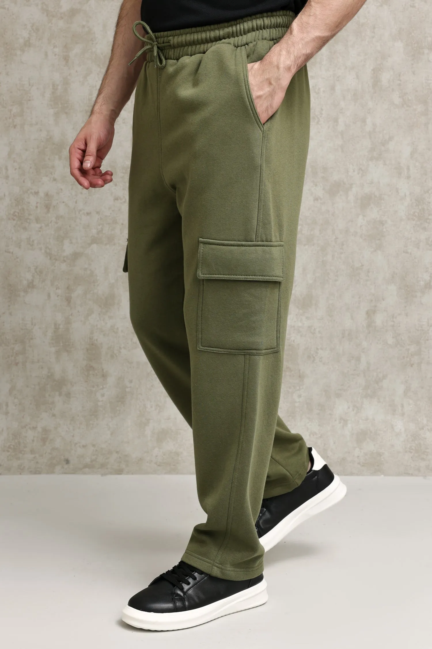 FLEECE-CARGO RELAXED TROUSERS-ARMY