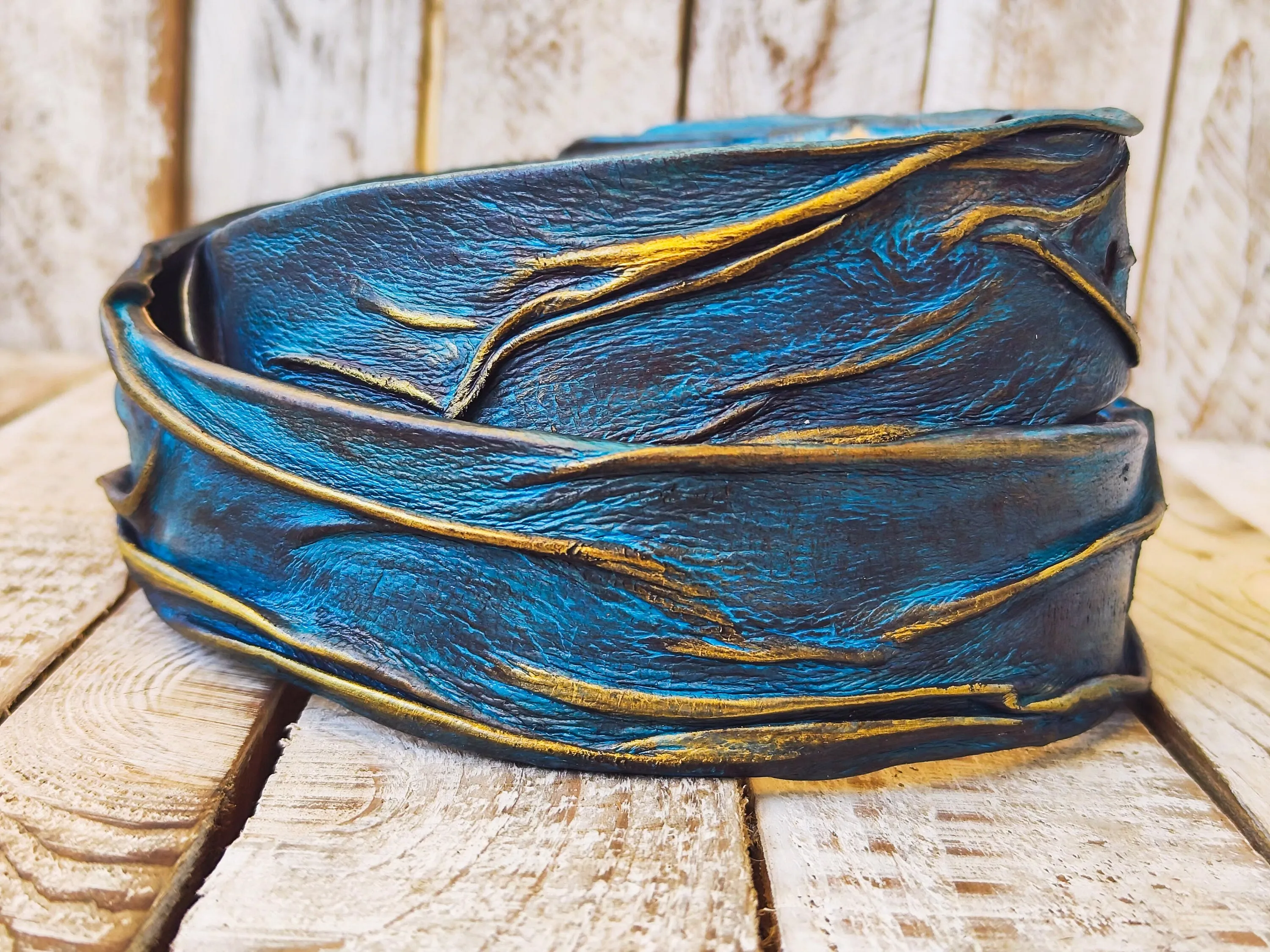 Handmade 3D Leather Belt - Turquoise with Brown Wash & Gold Accents - Unique Artistic Fashion Accessory