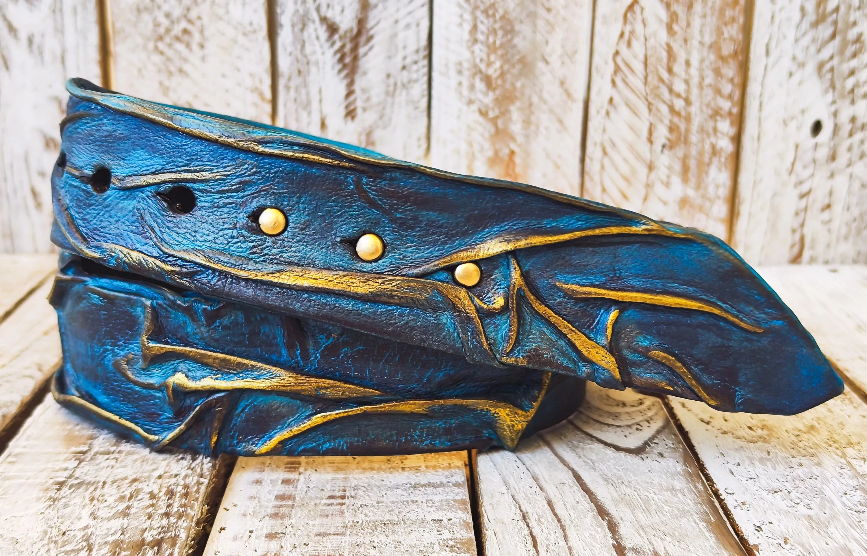 Handmade 3D Leather Belt - Turquoise with Brown Wash & Gold Accents - Unique Artistic Fashion Accessory