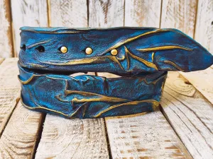 Handmade 3D Leather Belt - Turquoise with Brown Wash & Gold Accents - Unique Artistic Fashion Accessory