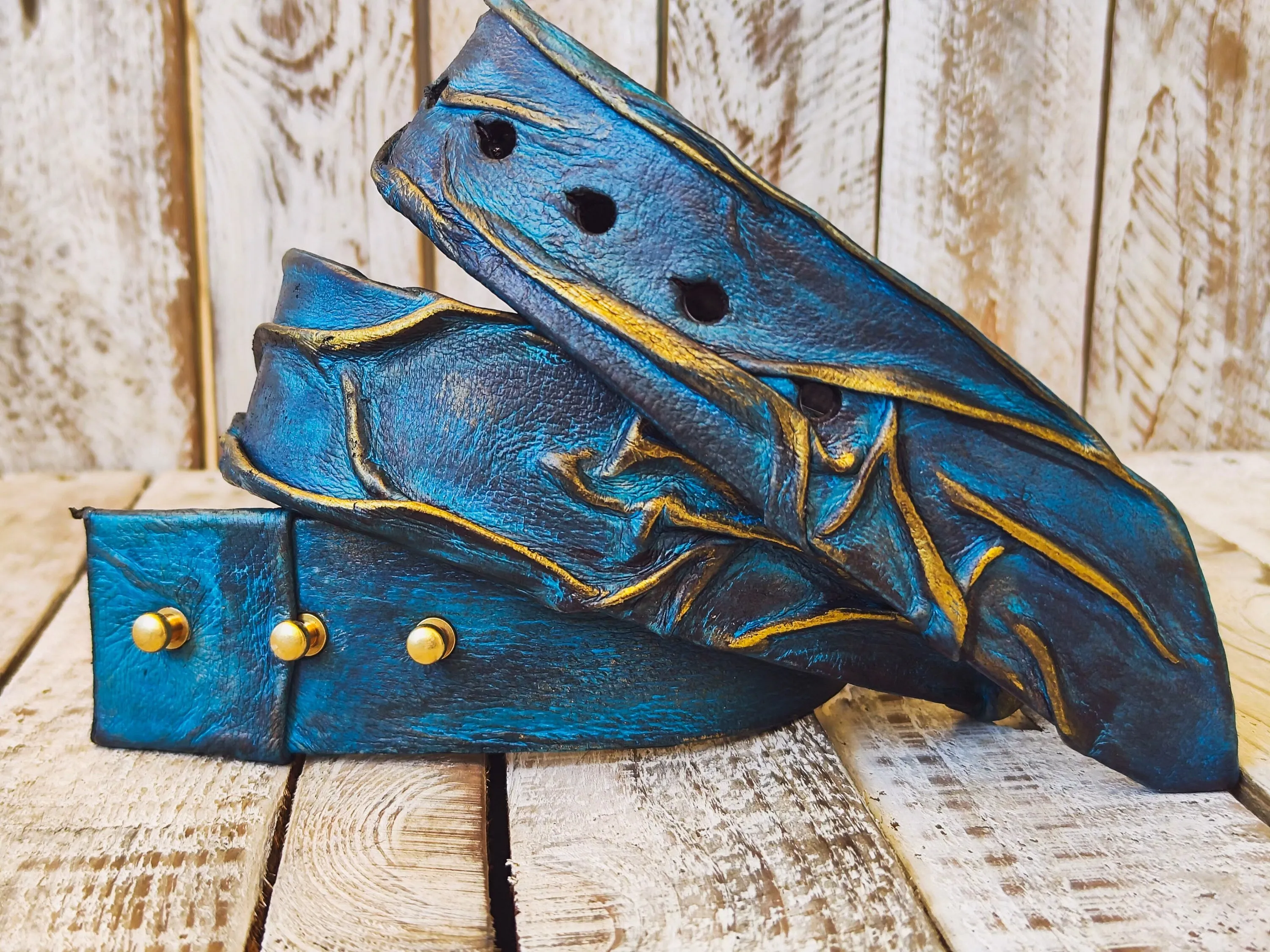 Handmade 3D Leather Belt - Turquoise with Brown Wash & Gold Accents - Unique Artistic Fashion Accessory