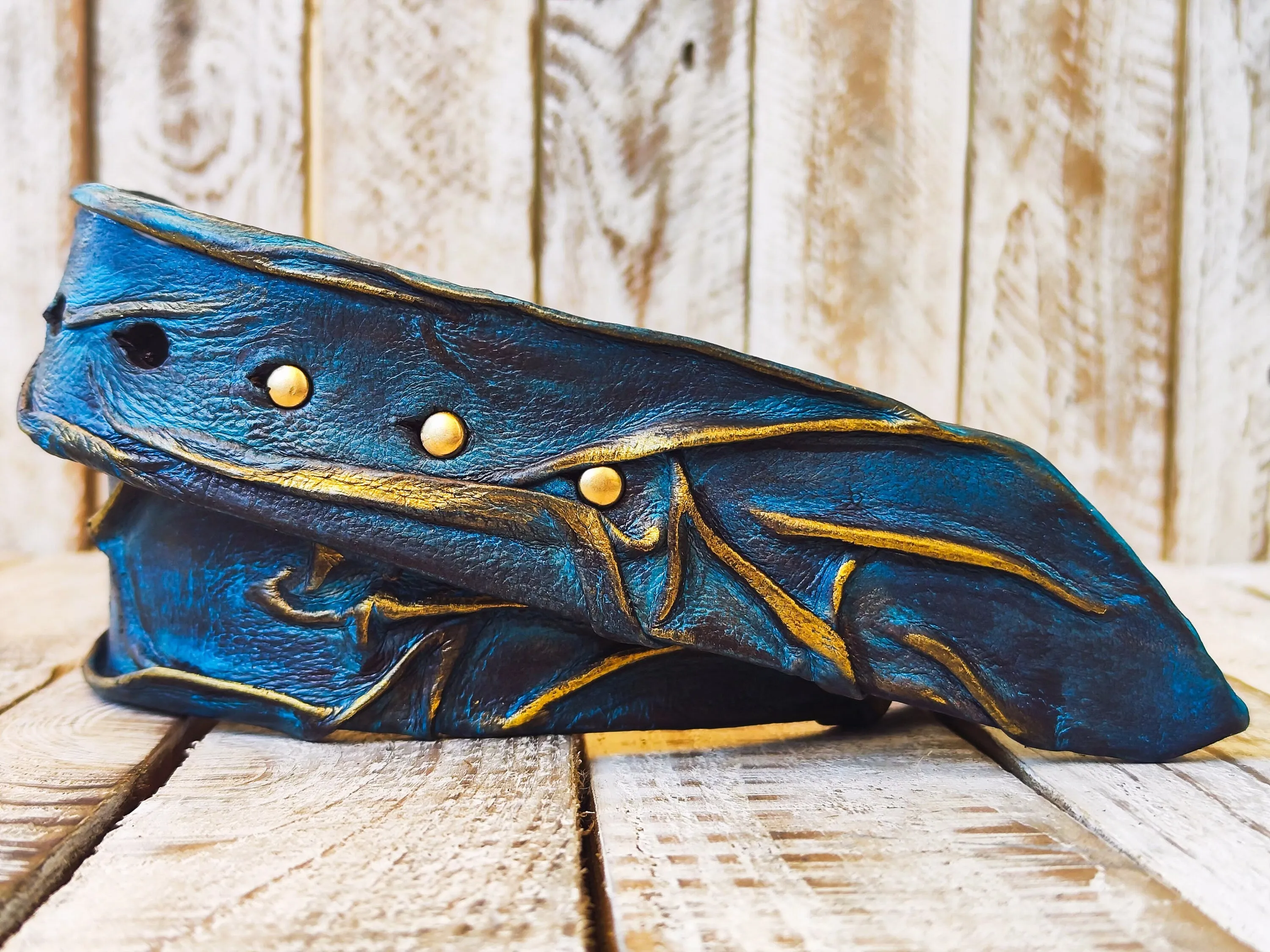 Handmade 3D Leather Belt - Turquoise with Brown Wash & Gold Accents - Unique Artistic Fashion Accessory