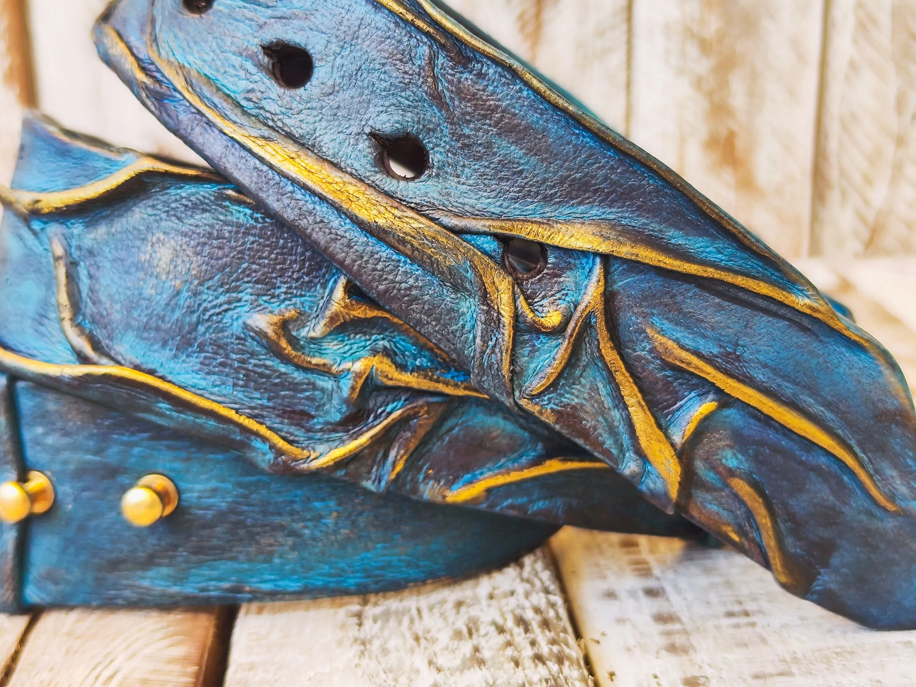 Handmade 3D Leather Belt - Turquoise with Brown Wash & Gold Accents - Unique Artistic Fashion Accessory