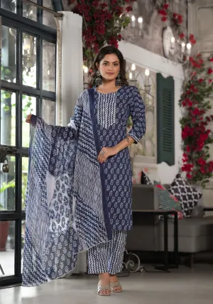 Juniper Blue Ethnic Motif Printed Cotton Kurta, Pant And Dupatta Set With Lace