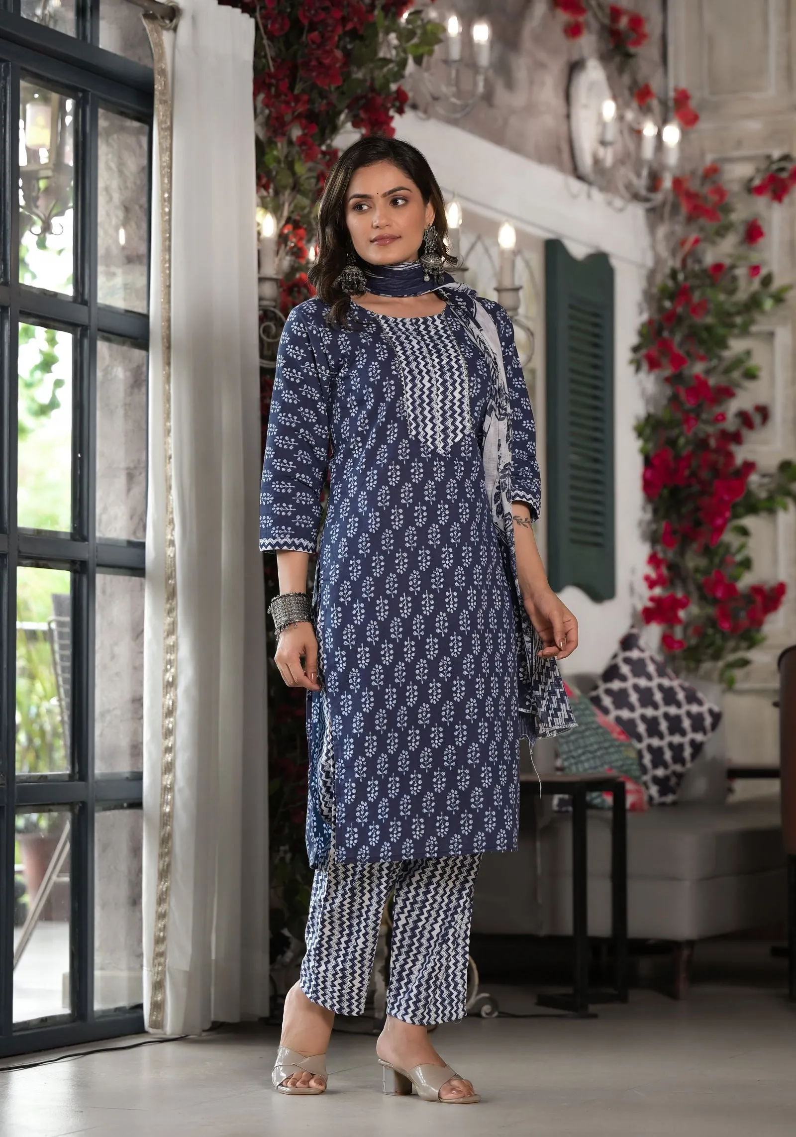 Juniper Blue Ethnic Motif Printed Cotton Kurta, Pant And Dupatta Set With Lace