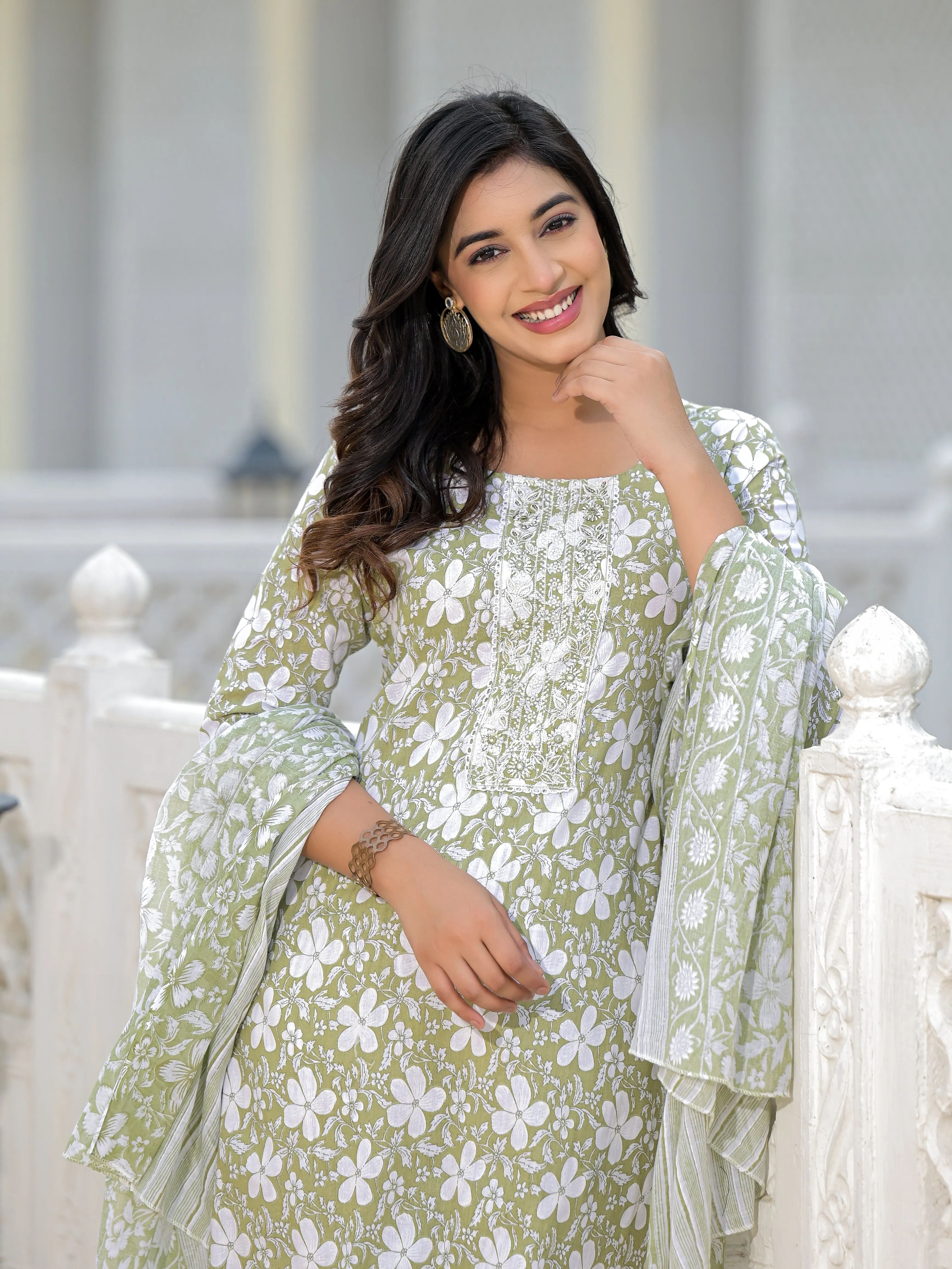 Juniper Green Floral Printed Cotton Kurta, Pant And Dupatta Set With Thread & Mirror Work