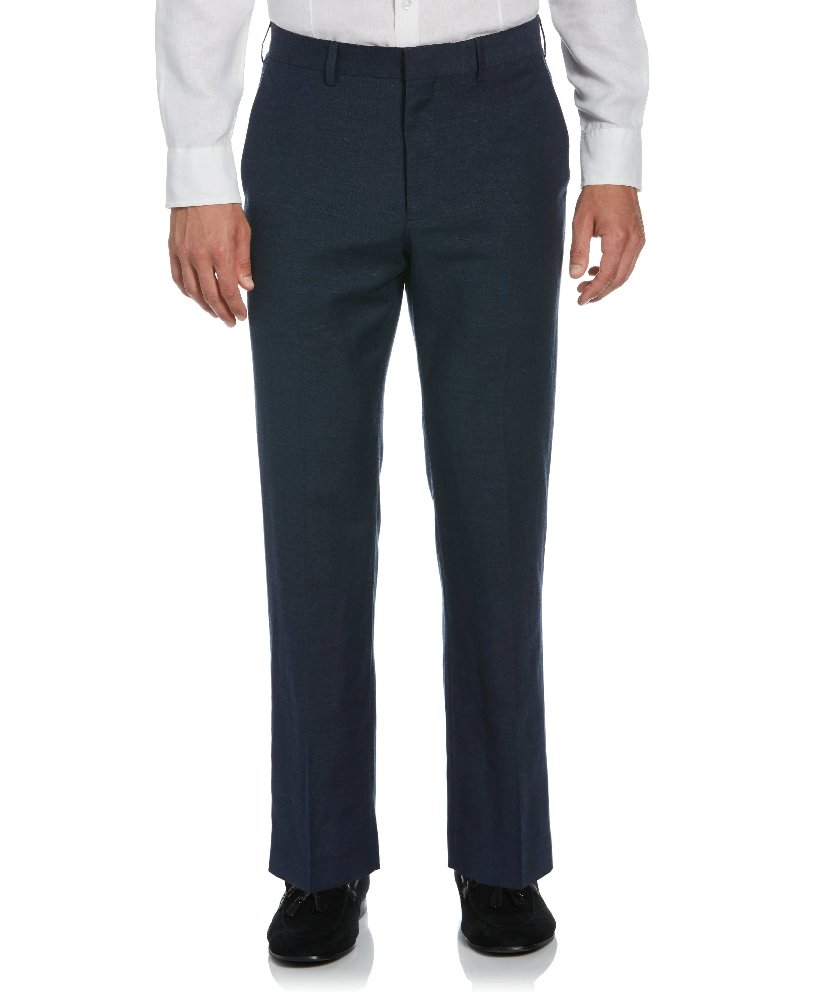 Linen-Blend Flat Front Pants - Navy Blue