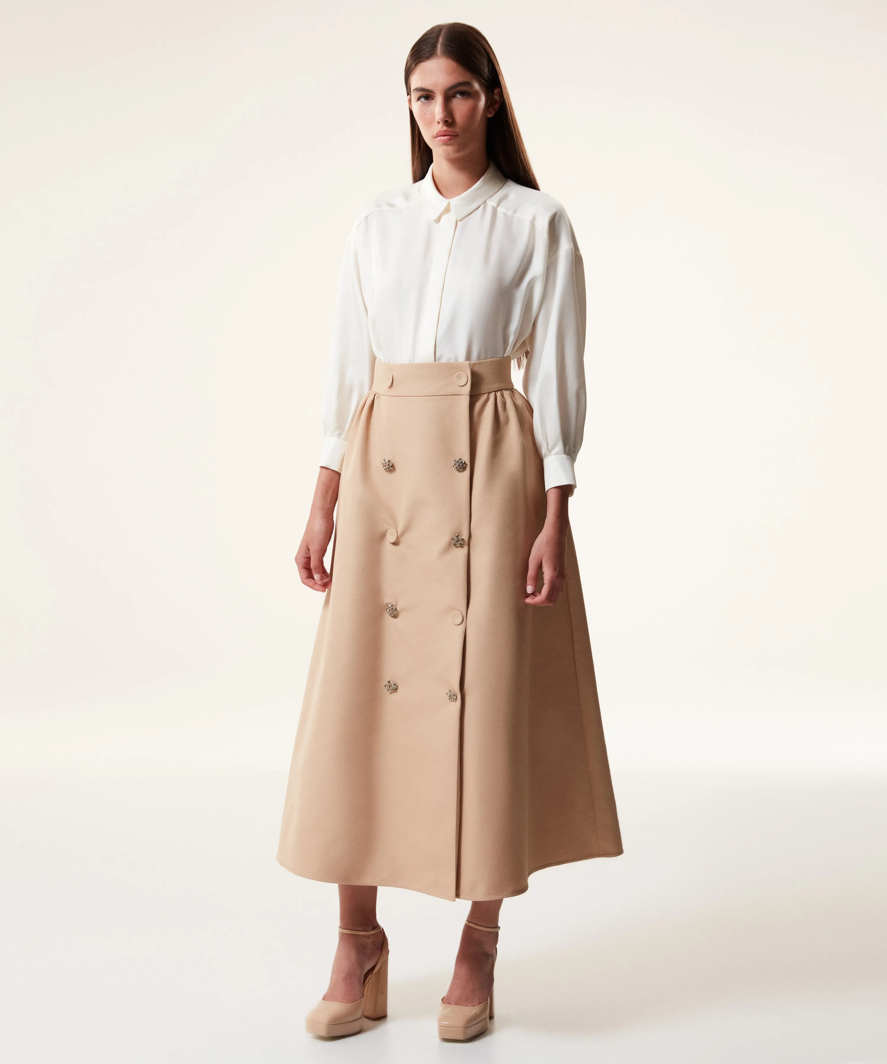 Machka Ornamental Buttons Midi Skirt Camel