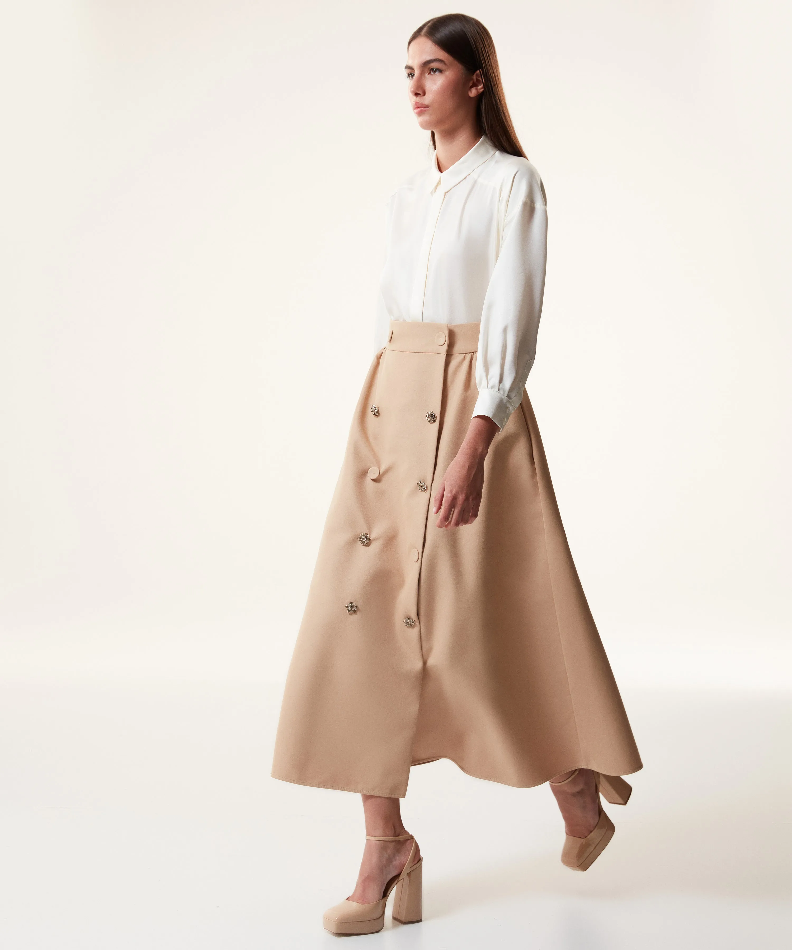 Machka Ornamental Buttons Midi Skirt Camel