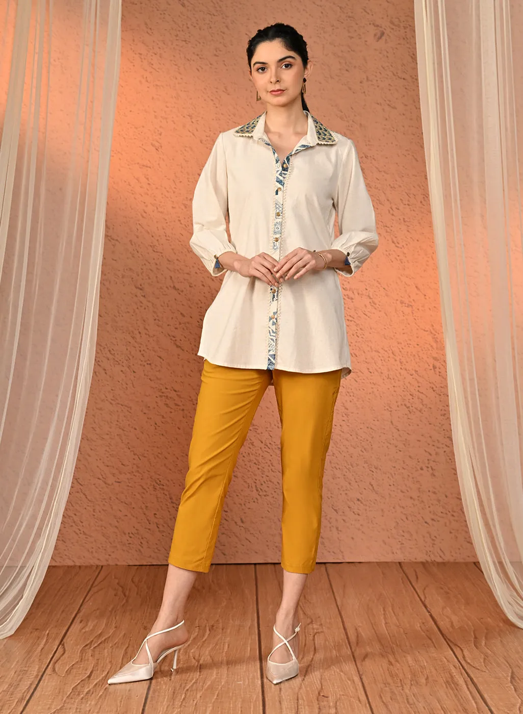 Mehr Mustard Cotton Relaxed Fit Trousers for Women