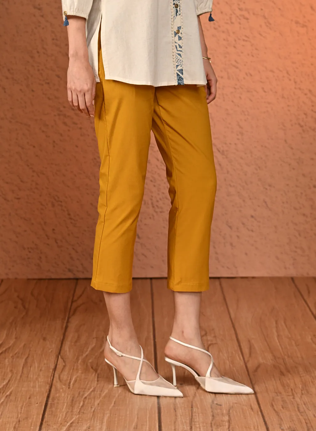 Mehr Mustard Cotton Relaxed Fit Trousers for Women