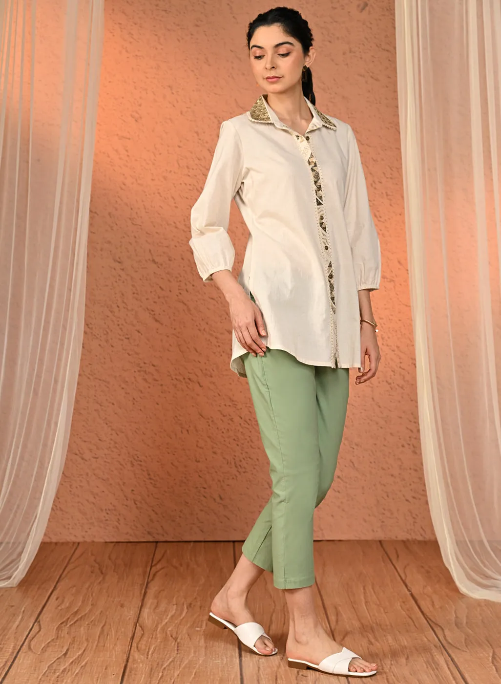 Mehr Sea Green Cotton Relaxed Fit Trousers for Women