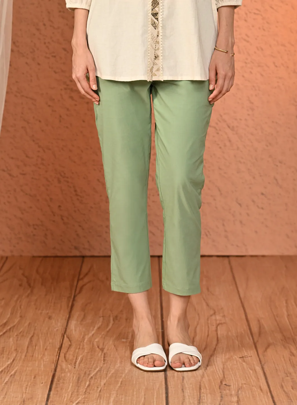 Mehr Sea Green Cotton Relaxed Fit Trousers for Women