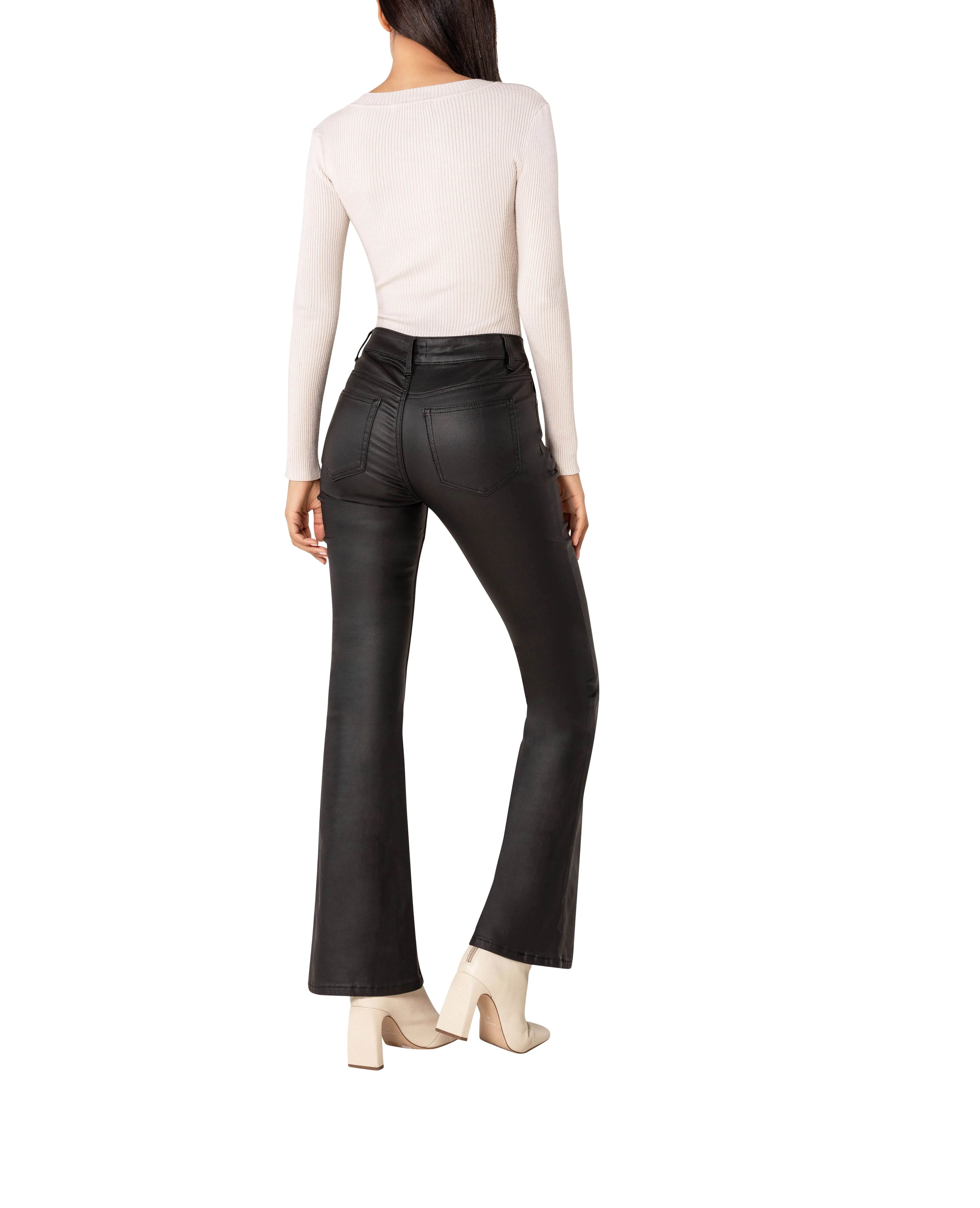 MochaFlare Faux Leather High-Waist Trousers – Black