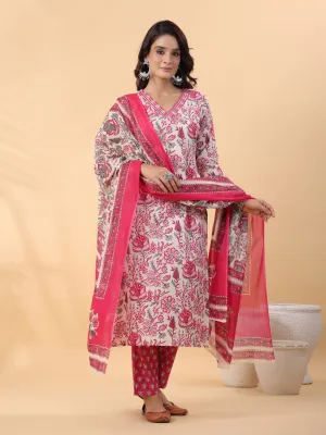 Off White Pure Cotton Floral Printed Straight Kurta Set