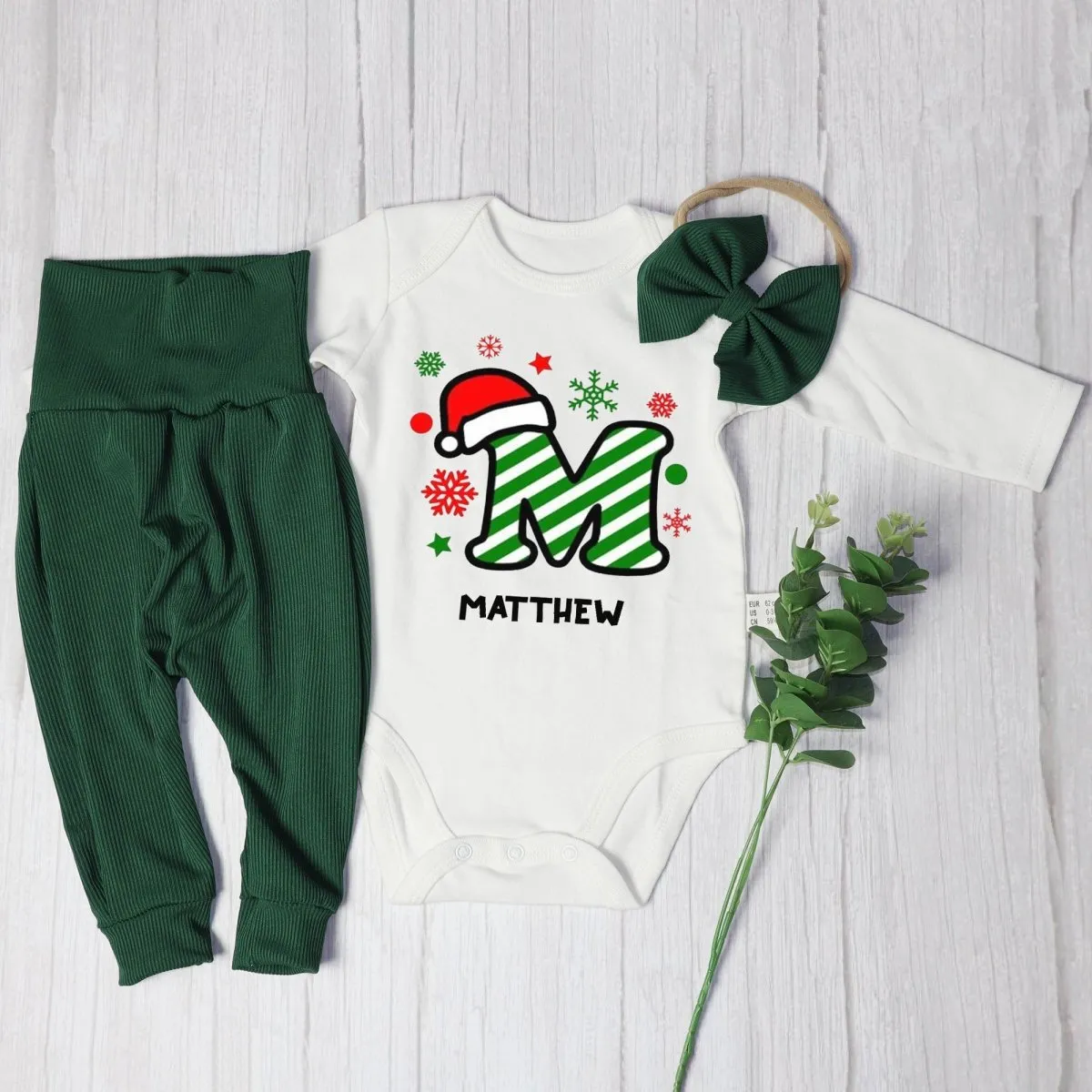 Personalized Christmas Monogram Alphabet Baby Onesie and Long Pants | Custom Letter Name Bodysuit