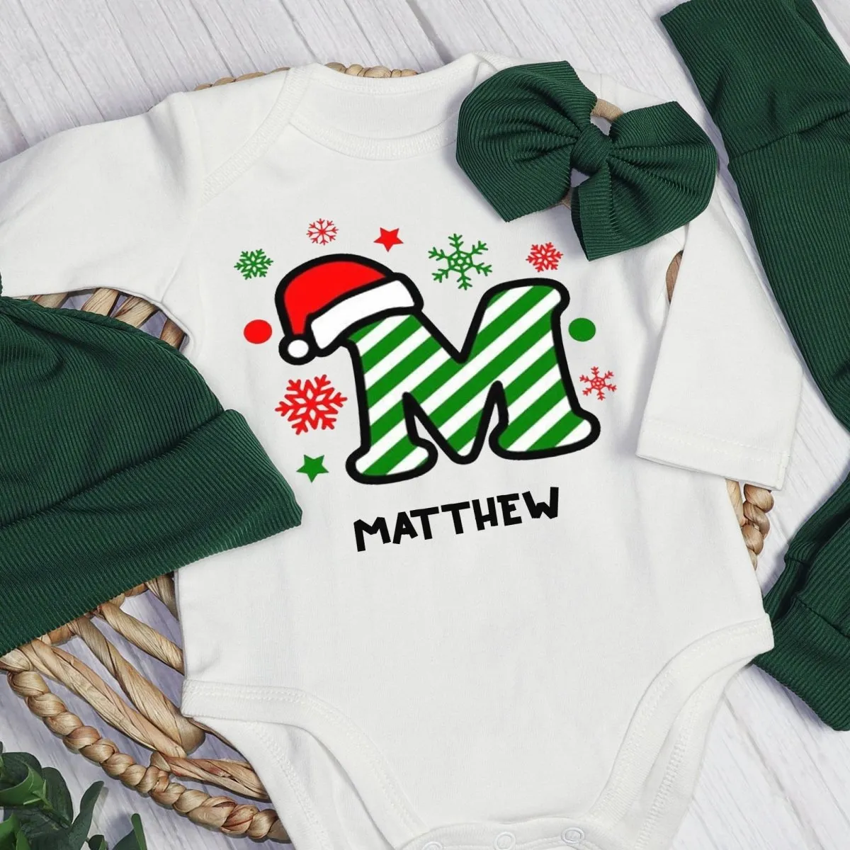 Personalized Christmas Monogram Alphabet Baby Onesie and Long Pants | Custom Letter Name Bodysuit