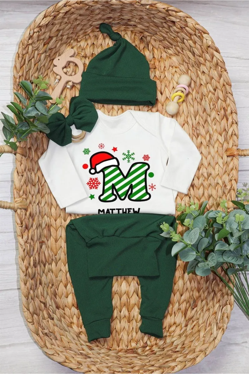 Personalized Christmas Monogram Alphabet Baby Onesie and Long Pants | Custom Letter Name Bodysuit