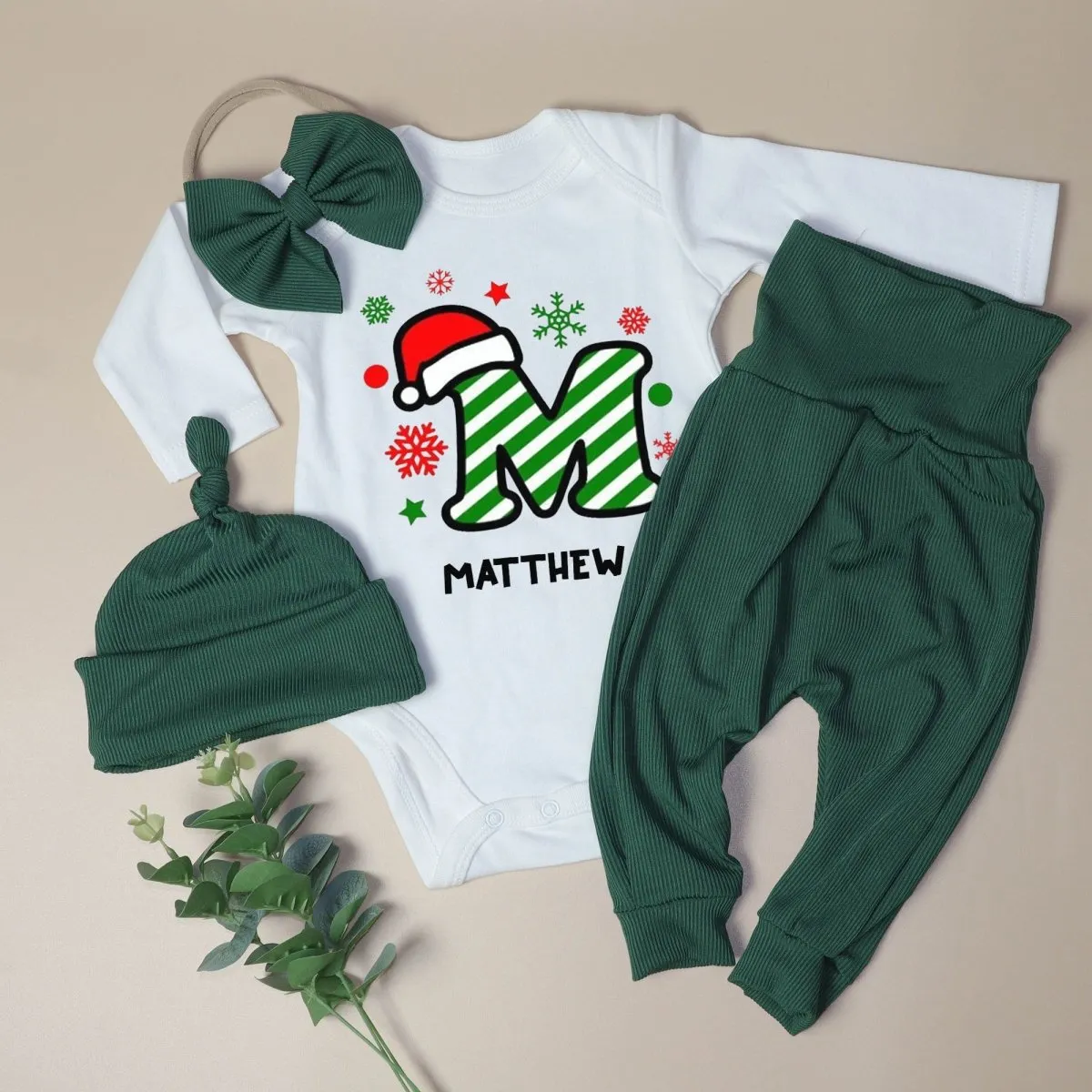 Personalized Christmas Monogram Alphabet Baby Onesie and Long Pants | Custom Letter Name Bodysuit