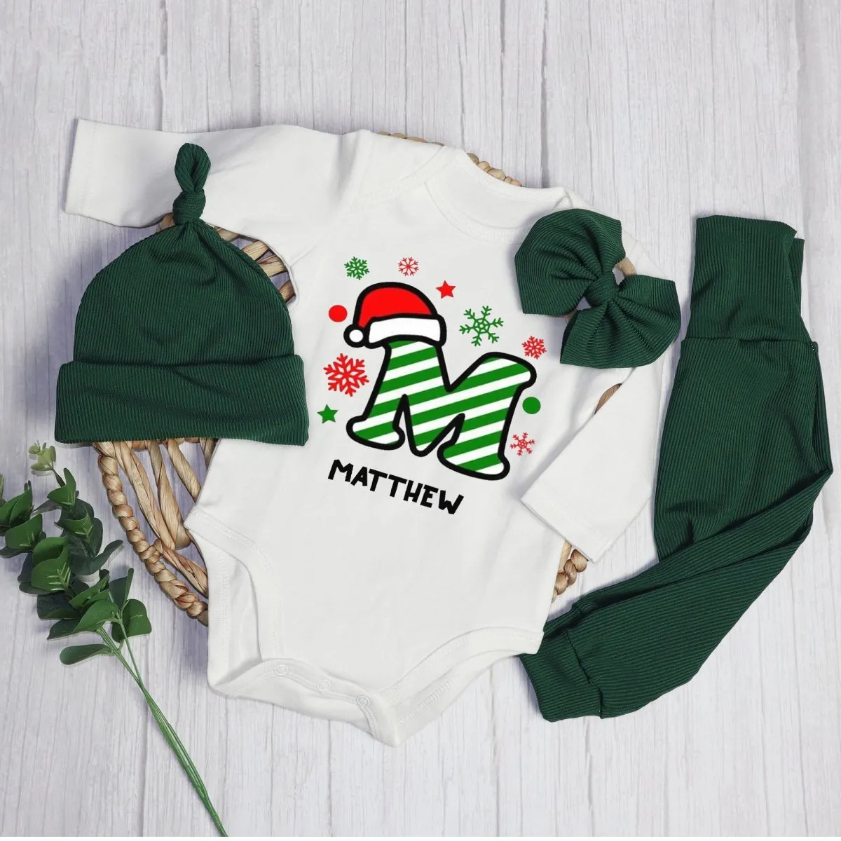 Personalized Christmas Monogram Alphabet Baby Onesie and Long Pants | Custom Letter Name Bodysuit