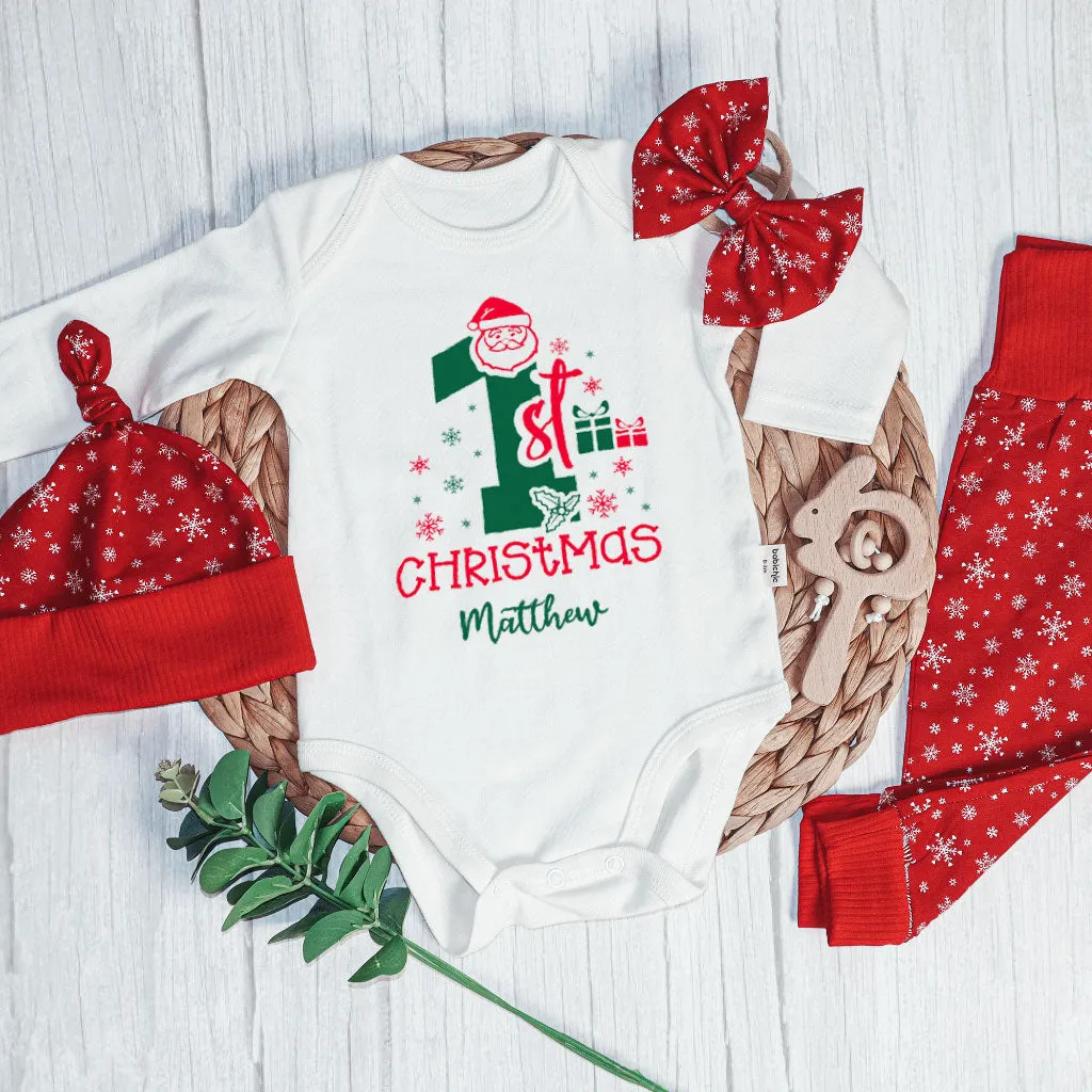 Personalized Christmas Neutral Newborn Onesies and Long Pants Set | White Infant Bodysuit My 1st Christmas Jolly Santa Baby Name