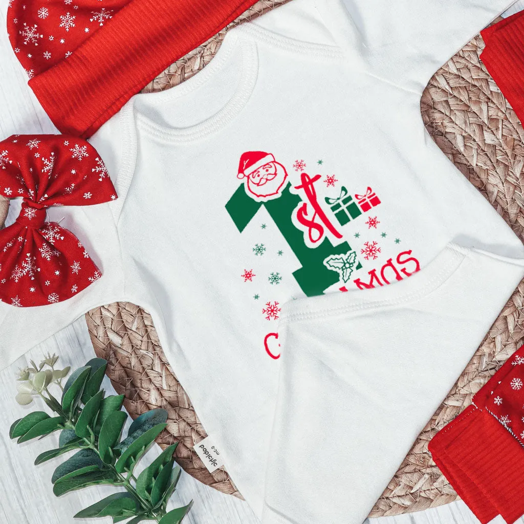 Personalized Christmas Neutral Newborn Onesies and Long Pants Set | White Infant Bodysuit My 1st Christmas Jolly Santa Baby Name