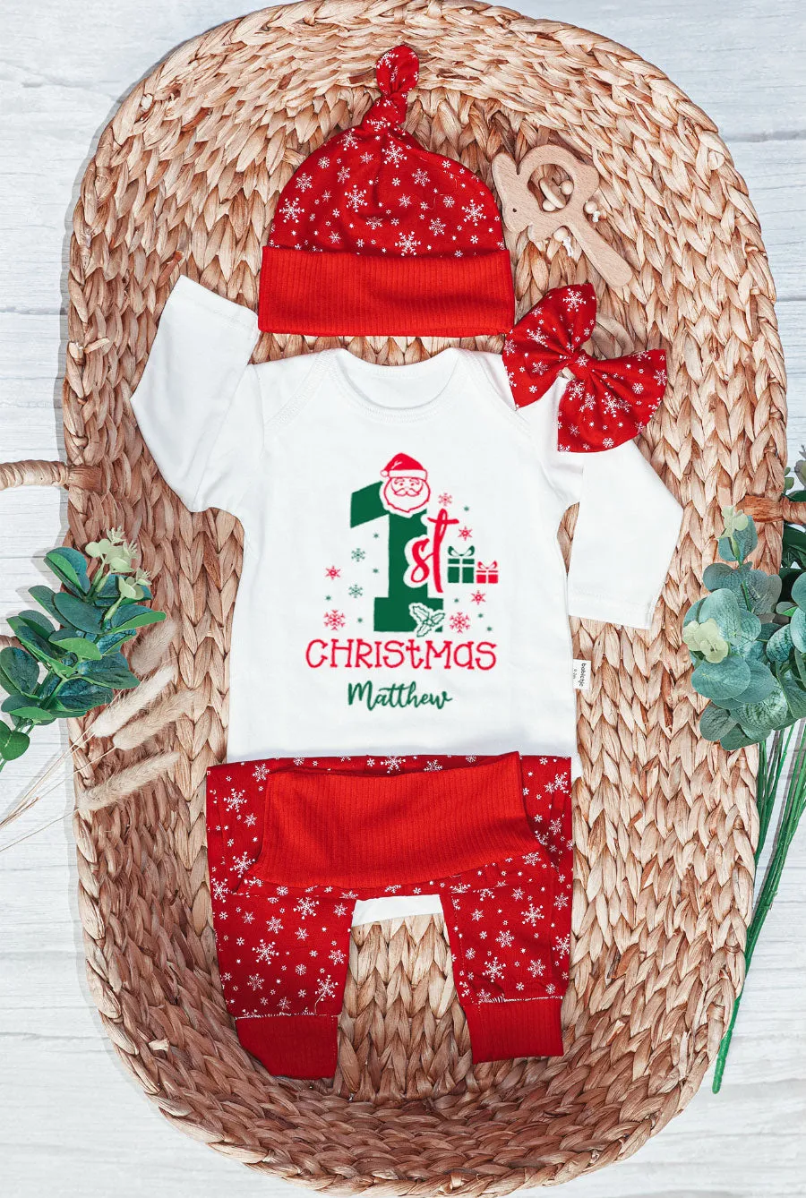 Personalized Christmas Neutral Newborn Onesies and Long Pants Set | White Infant Bodysuit My 1st Christmas Jolly Santa Baby Name