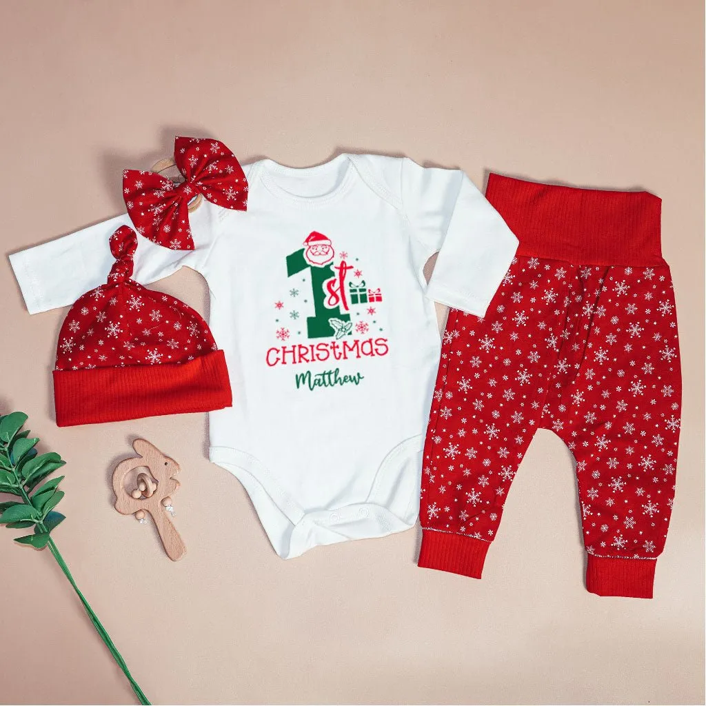 Personalized Christmas Neutral Newborn Onesies and Long Pants Set | White Infant Bodysuit My 1st Christmas Jolly Santa Baby Name