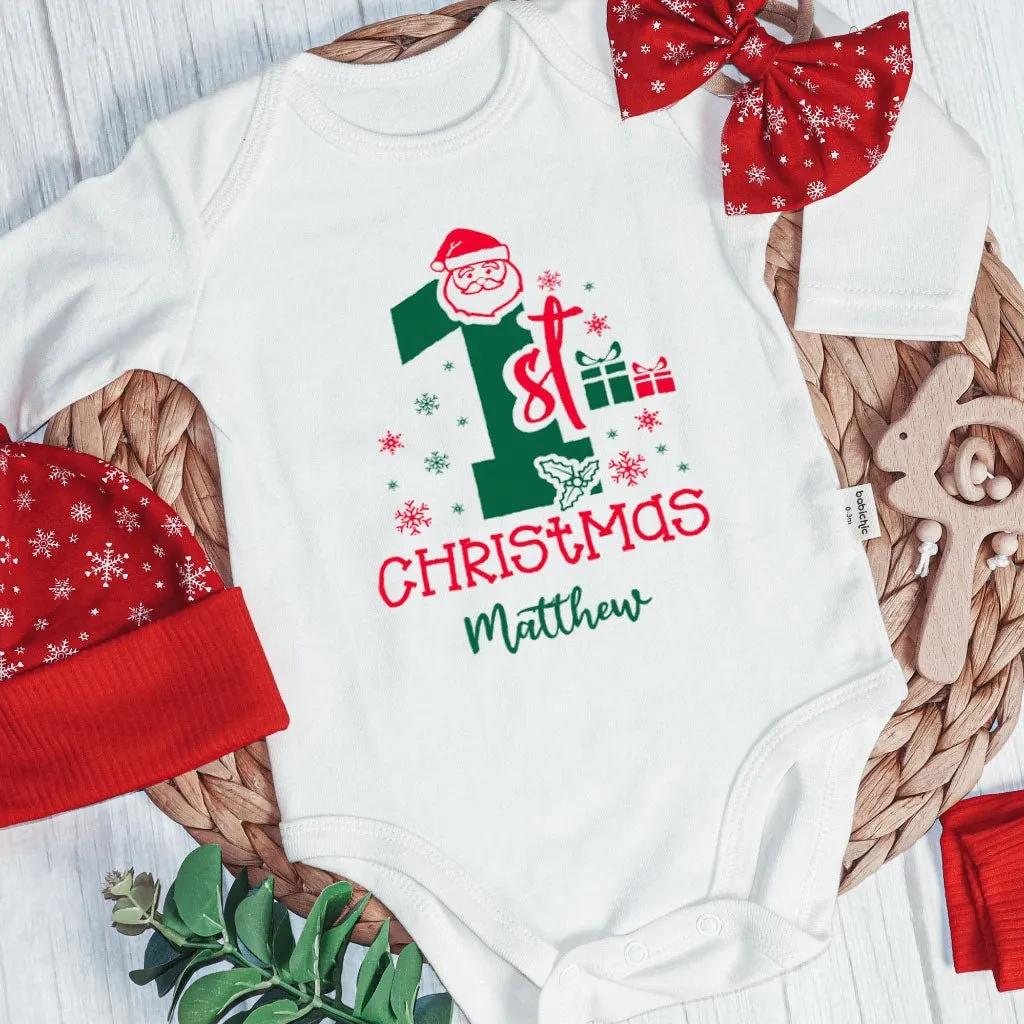 Personalized Christmas Neutral Newborn Onesies and Long Pants Set | White Infant Bodysuit My 1st Christmas Jolly Santa Baby Name