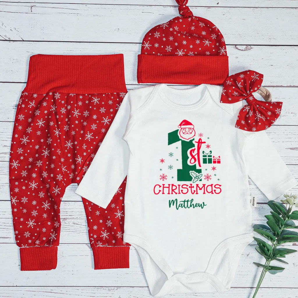 Personalized Christmas Neutral Newborn Onesies and Long Pants Set | White Infant Bodysuit My 1st Christmas Jolly Santa Baby Name