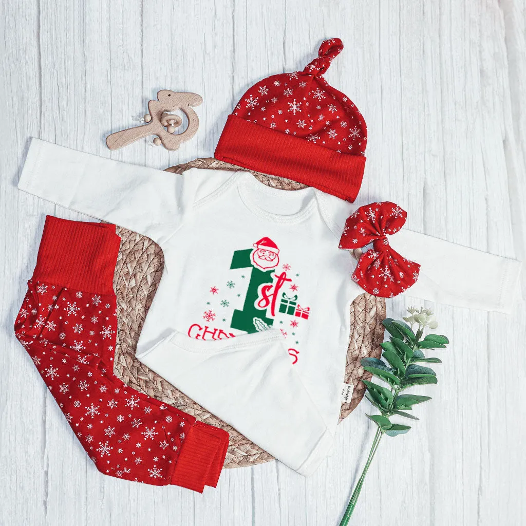 Personalized Christmas Neutral Newborn Onesies and Long Pants Set | White Infant Bodysuit My 1st Christmas Jolly Santa Baby Name