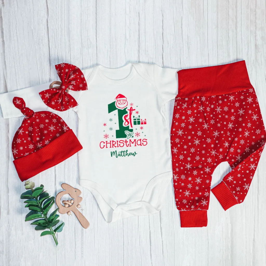 Personalized Christmas Neutral Newborn Onesies and Long Pants Set | White Infant Bodysuit My 1st Christmas Jolly Santa Baby Name