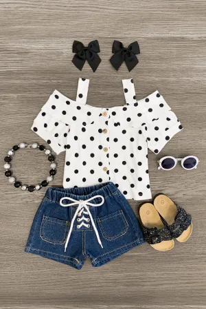 Polka Dot Lace Up Denim Short Set