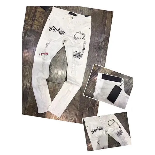 PP color patch high-waisted straight-fit White jeans