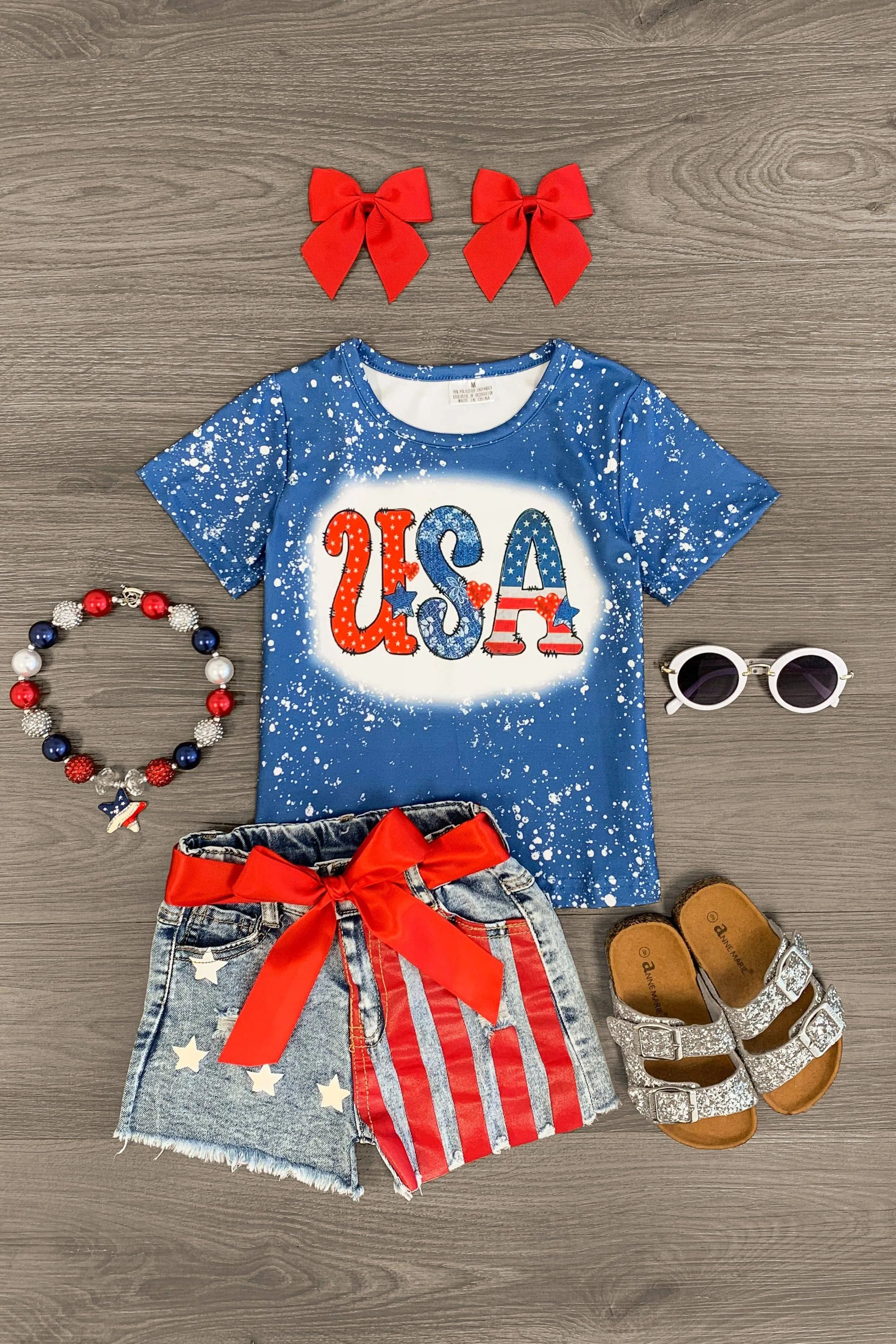 "USA" Stars & Stripes Distressed Denim Short Set