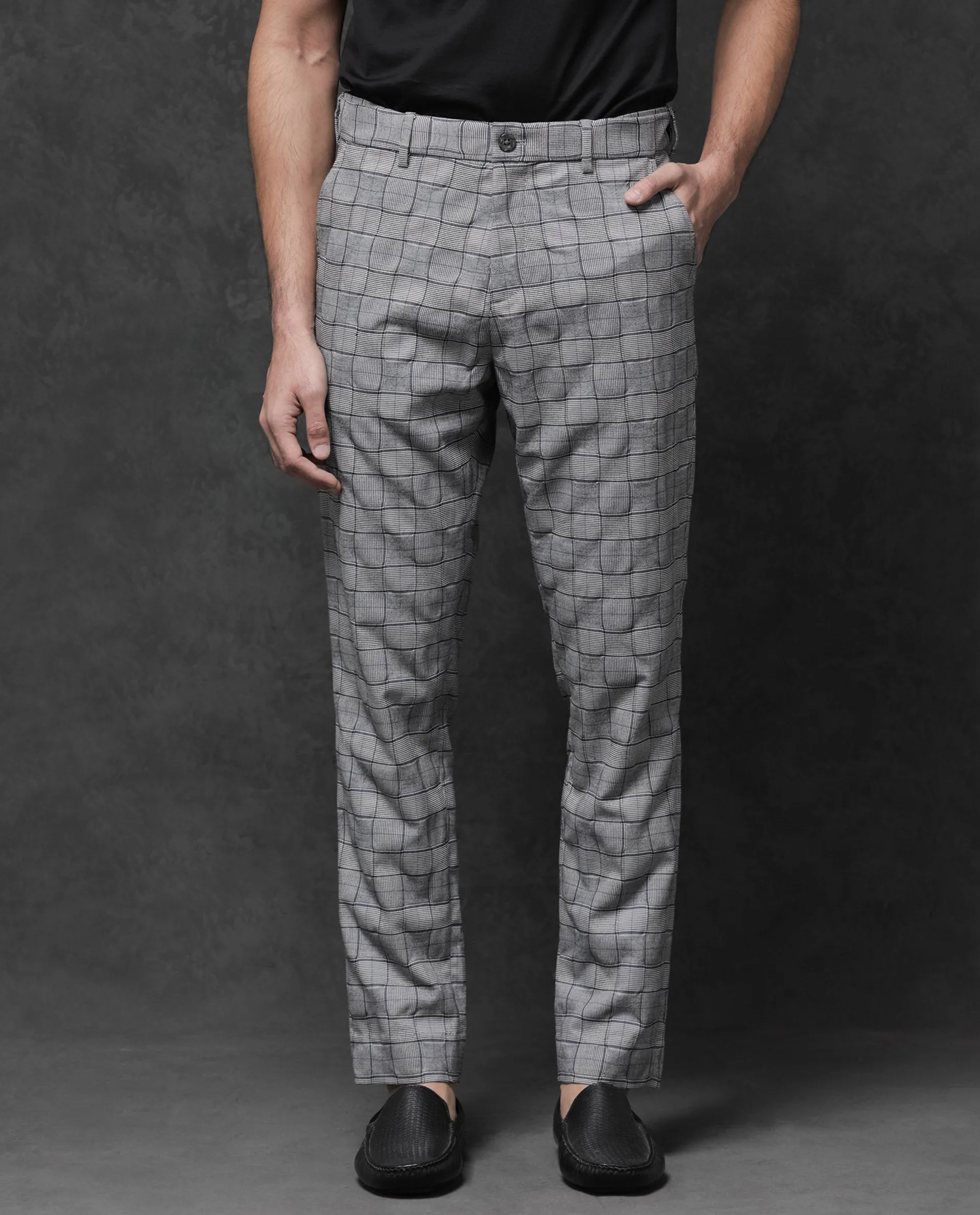 Rare Rabbit Mens Lenid Grey Poly Viscose Lycra Fabric Mid Rise Regular Fit Checks Print Trouser