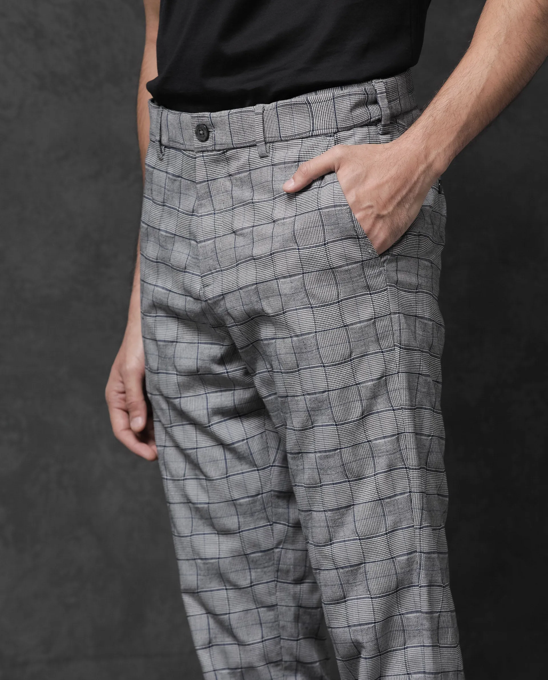 Rare Rabbit Mens Lenid Grey Poly Viscose Lycra Fabric Mid Rise Regular Fit Checks Print Trouser