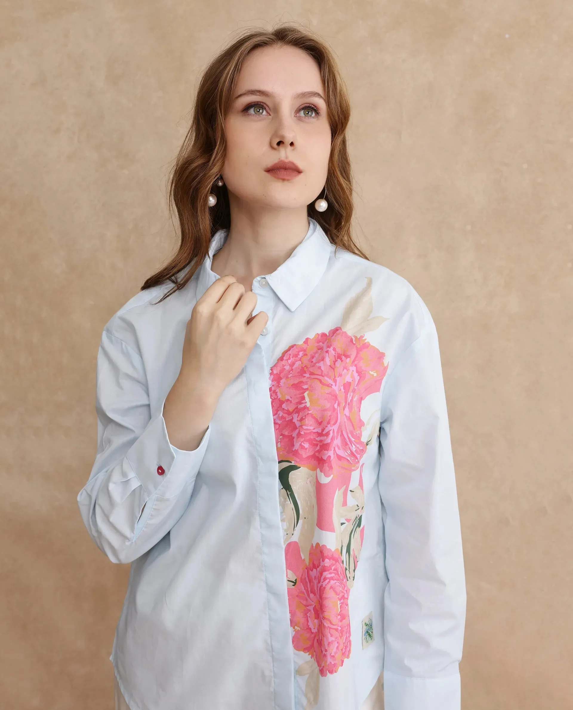 Rareism Women Ceredi Light Blue Cuffed Sleeve Shirt