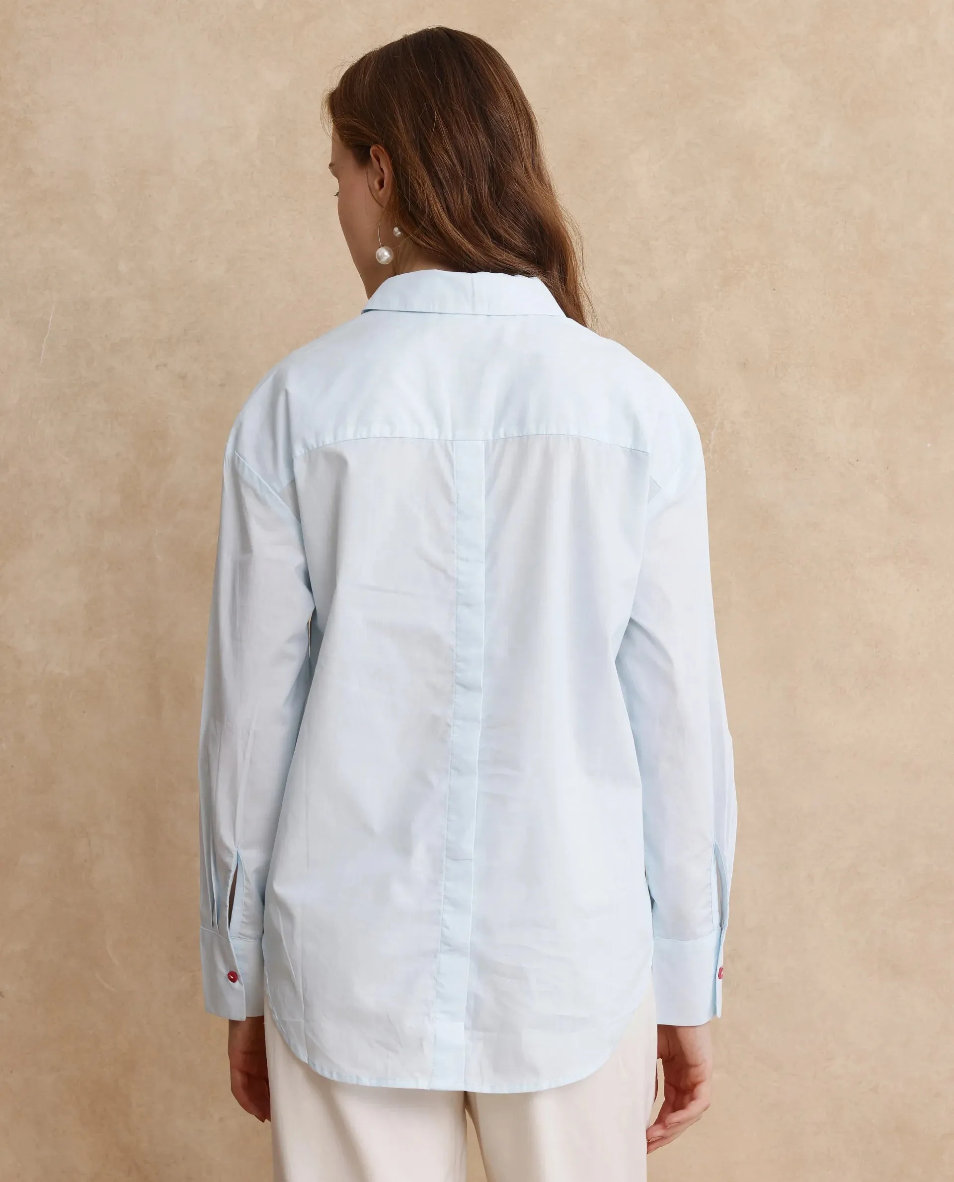 Rareism Women Ceredi Light Blue Cuffed Sleeve Shirt