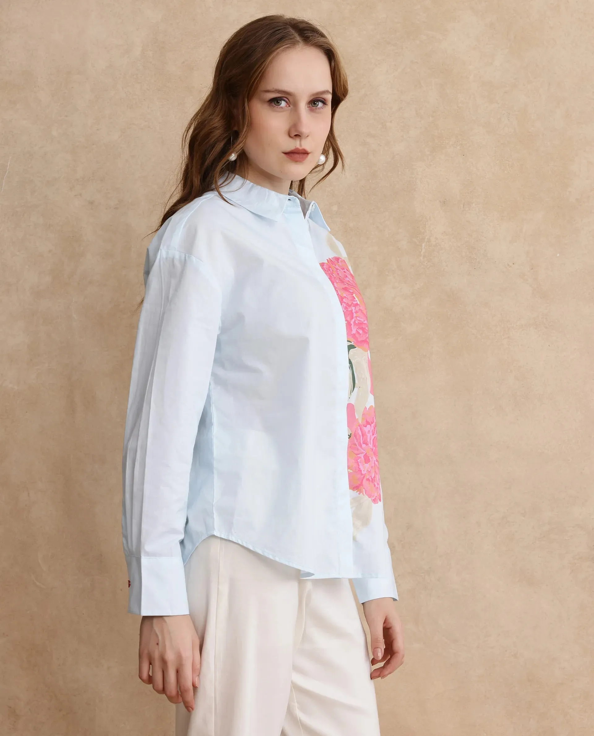 Rareism Women Ceredi Light Blue Cuffed Sleeve Shirt