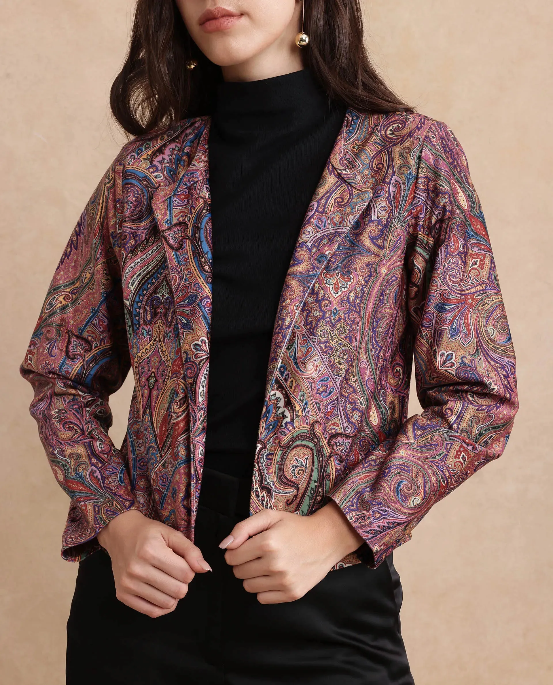 Rareism Women Sedfer Multi Velvet Full Sleeve Collarless Paisley Print Jacket