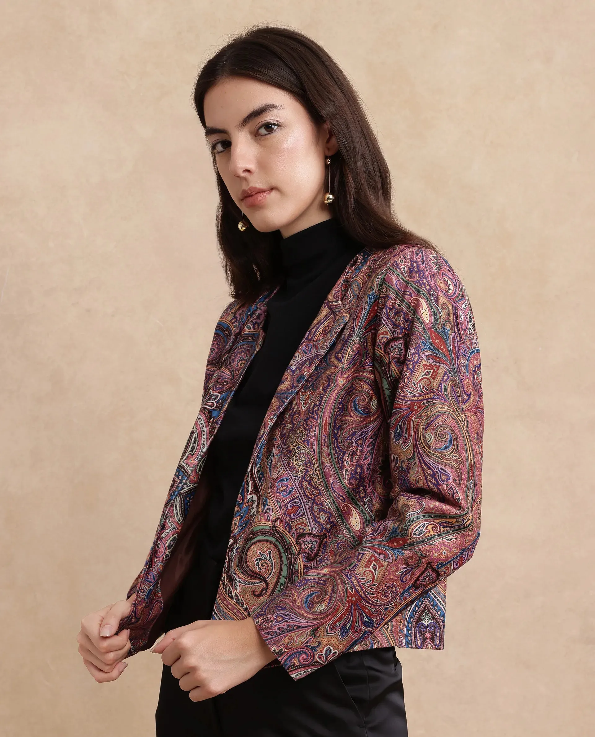 Rareism Women Sedfer Multi Velvet Full Sleeve Collarless Paisley Print Jacket