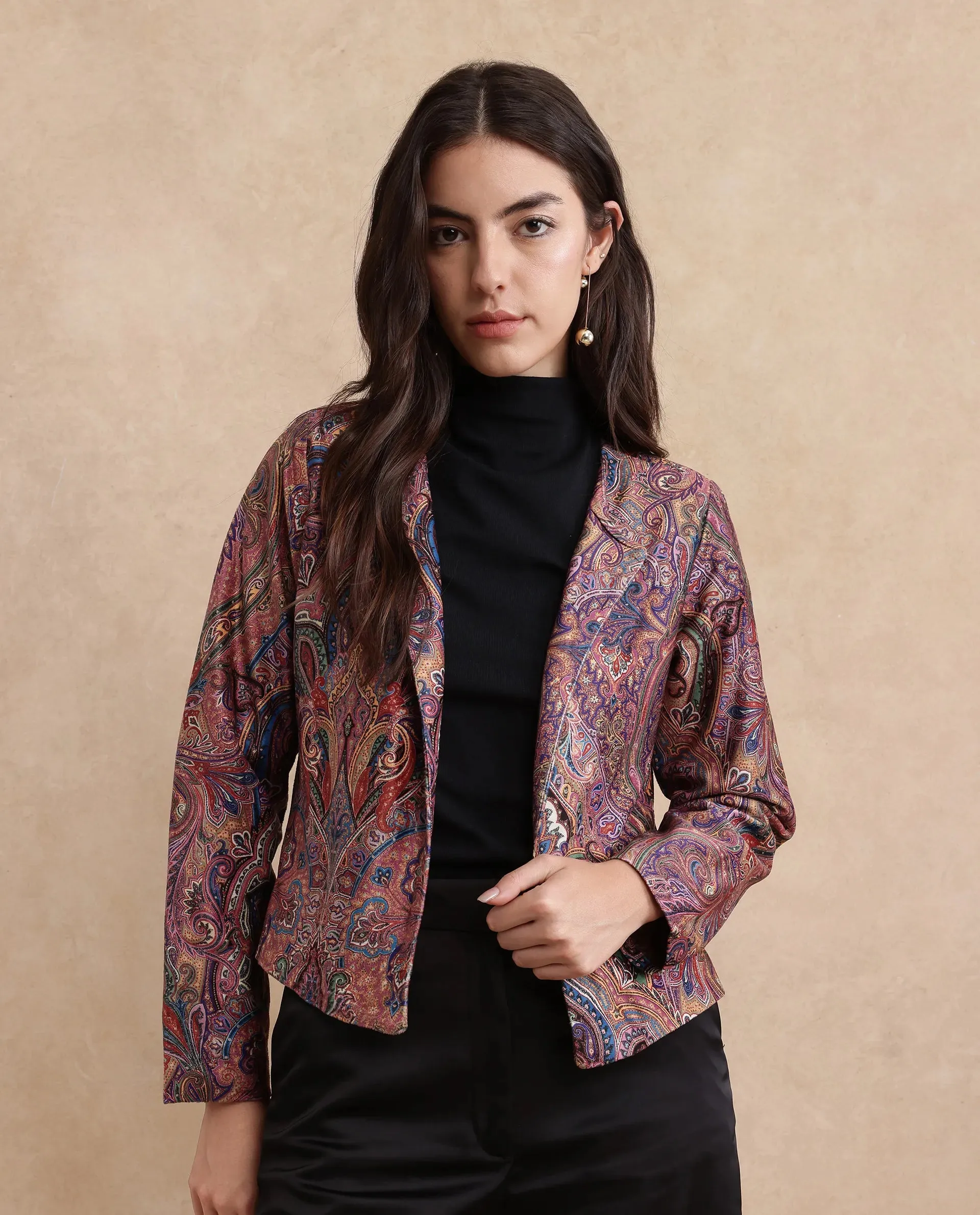 Rareism Women Sedfer Multi Velvet Full Sleeve Collarless Paisley Print Jacket