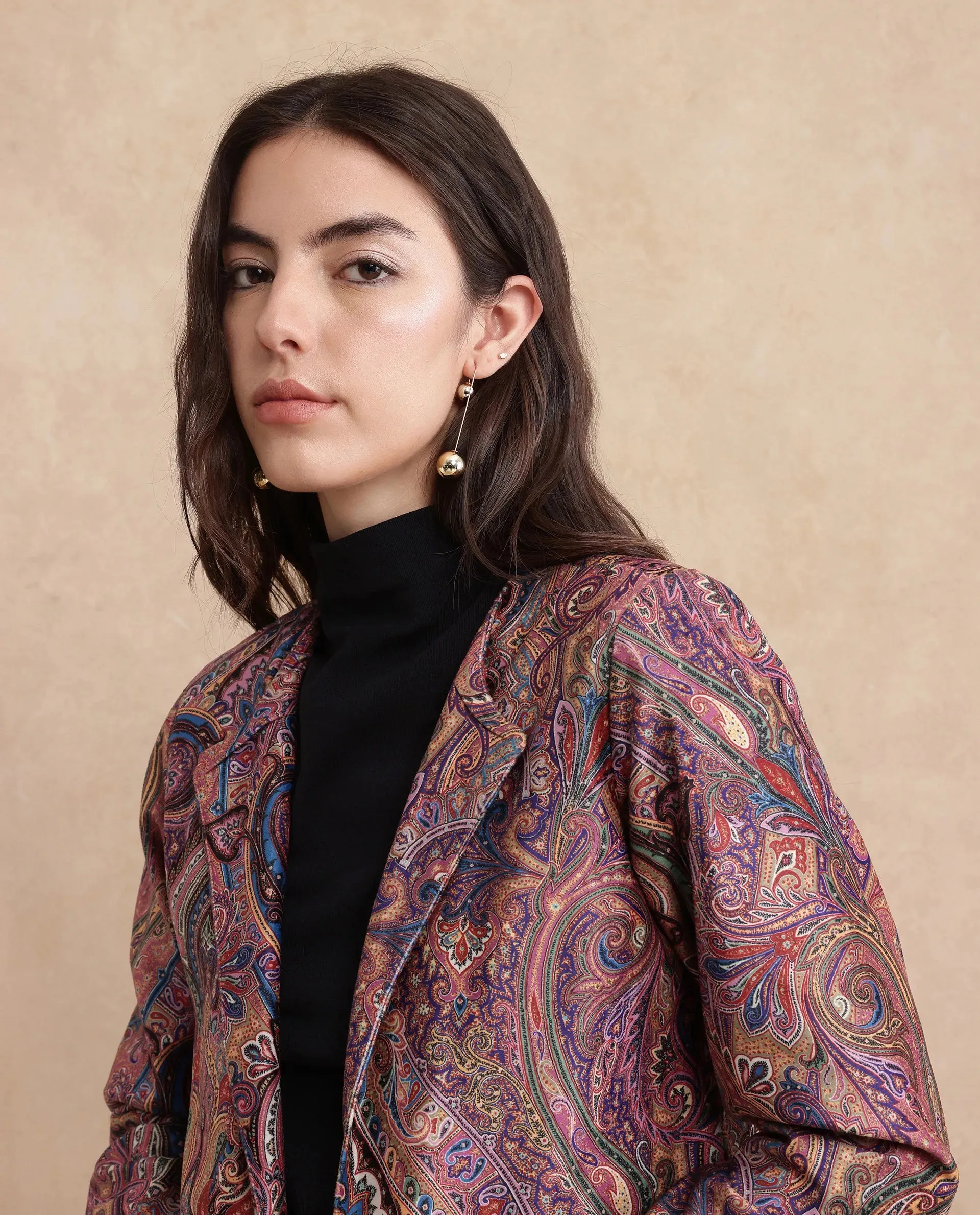 Rareism Women Sedfer Multi Velvet Full Sleeve Collarless Paisley Print Jacket