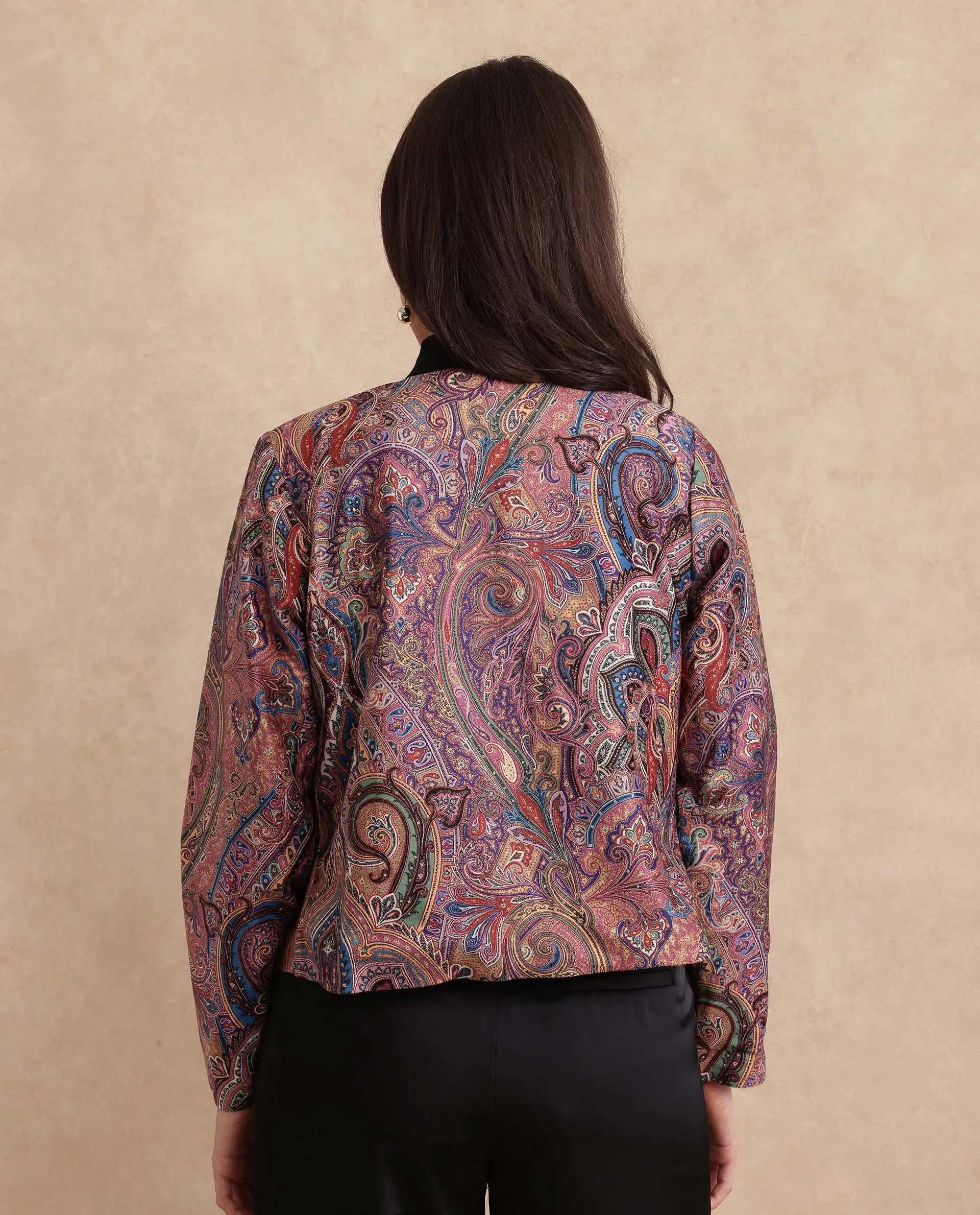 Rareism Women Sedfer Multi Velvet Full Sleeve Collarless Paisley Print Jacket