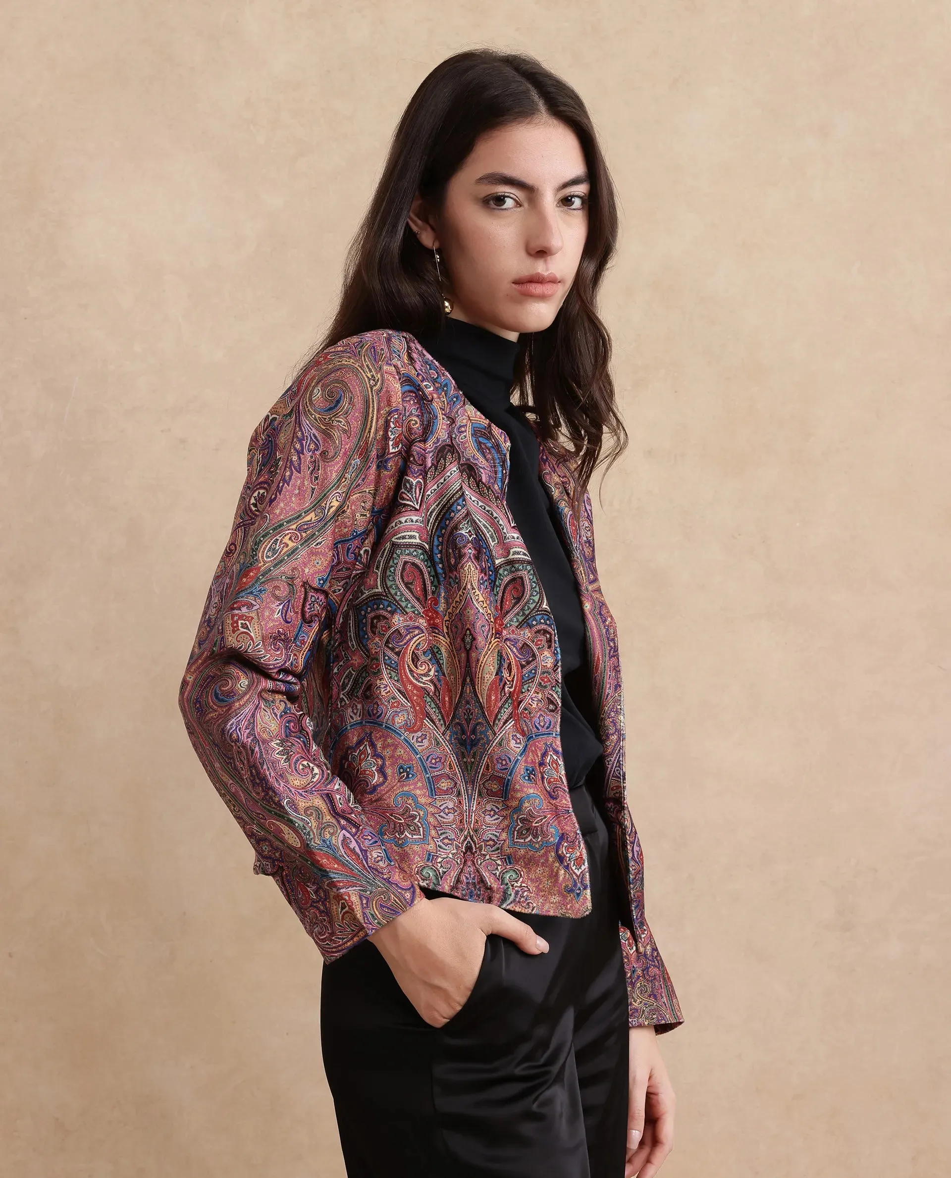 Rareism Women Sedfer Multi Velvet Full Sleeve Collarless Paisley Print Jacket