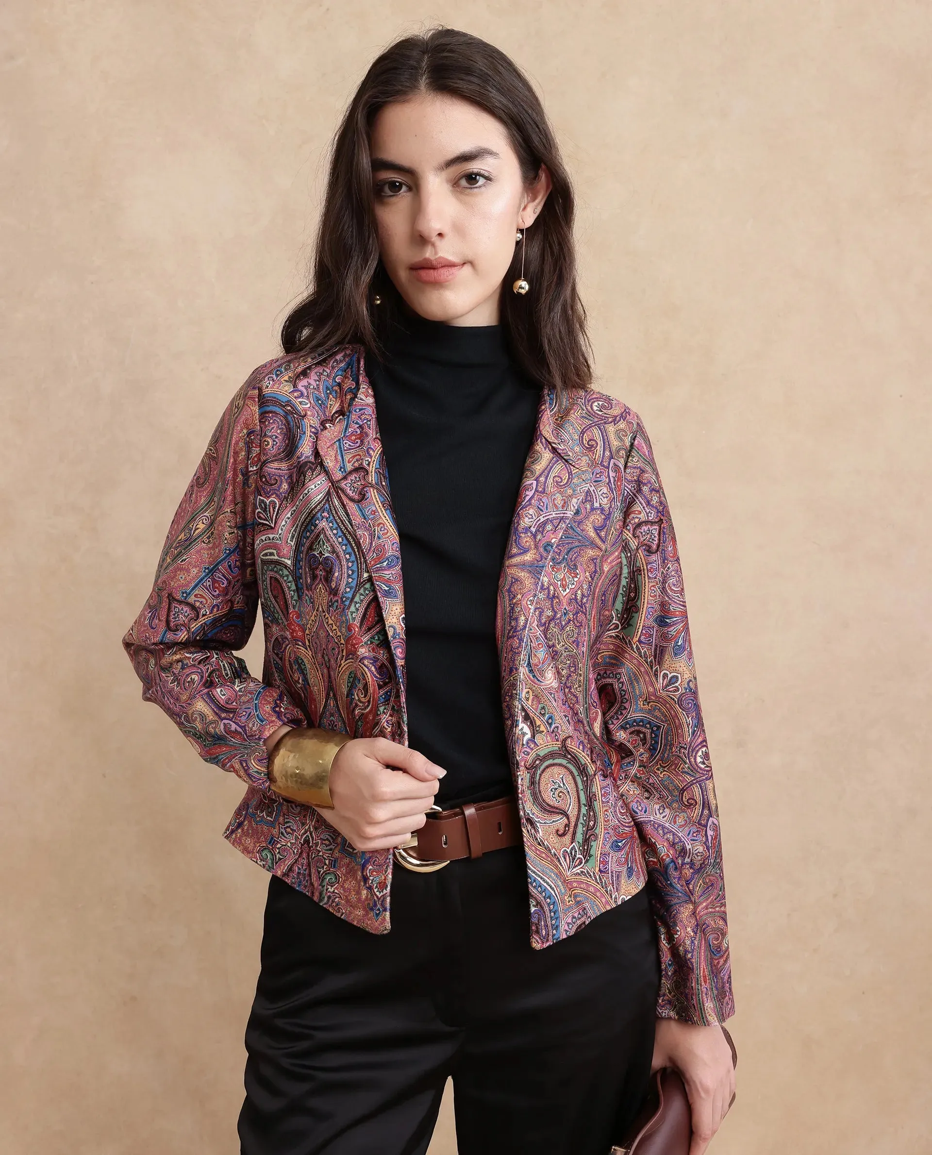 Rareism Women Sedfer Multi Velvet Full Sleeve Collarless Paisley Print Jacket