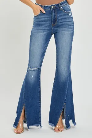 RISEN Full Size High Rise Front Slit Frayed Hem Flare Jeans