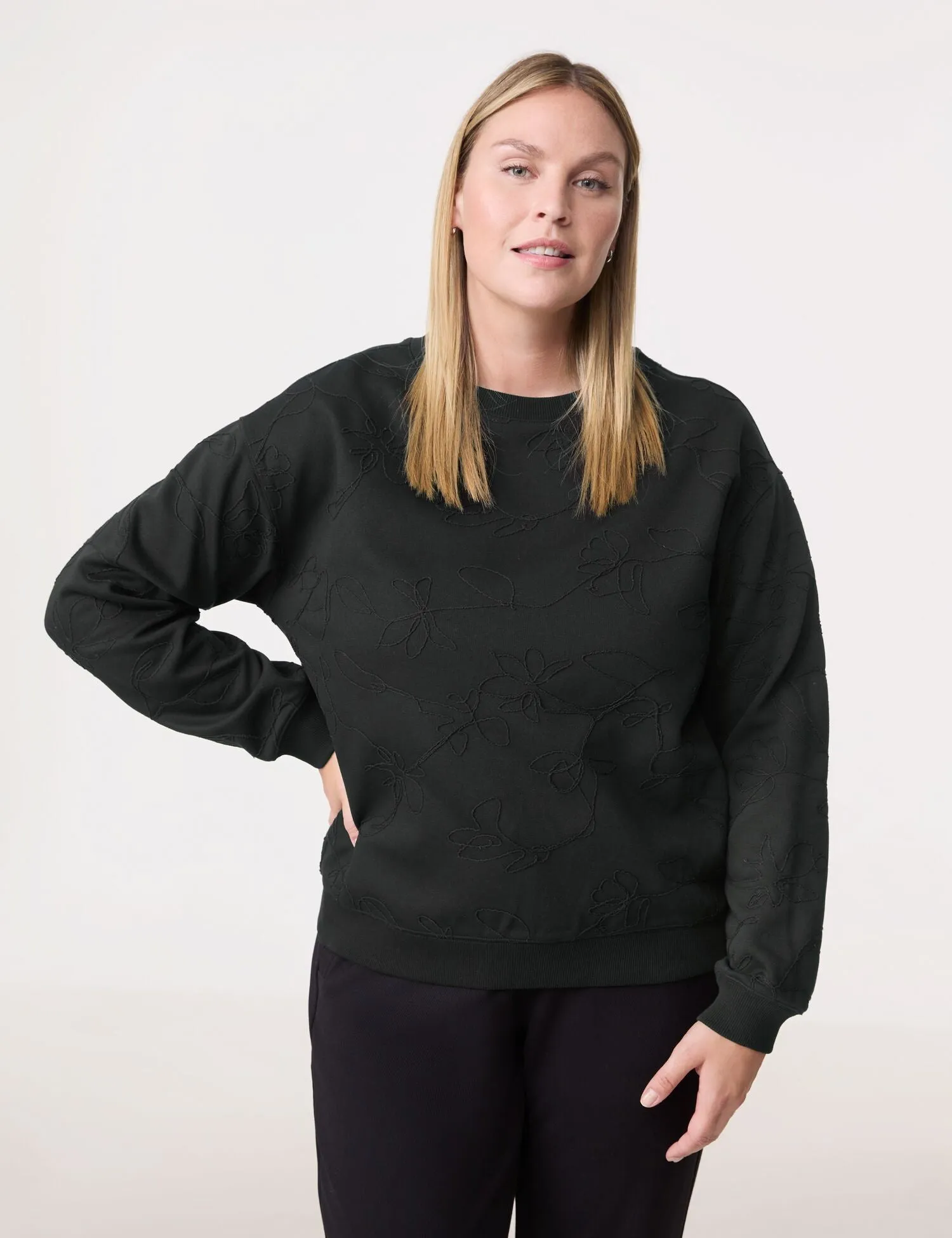 Samoon Long Sleeve Ribbed cuff Embroidered Sweat shirt in Black