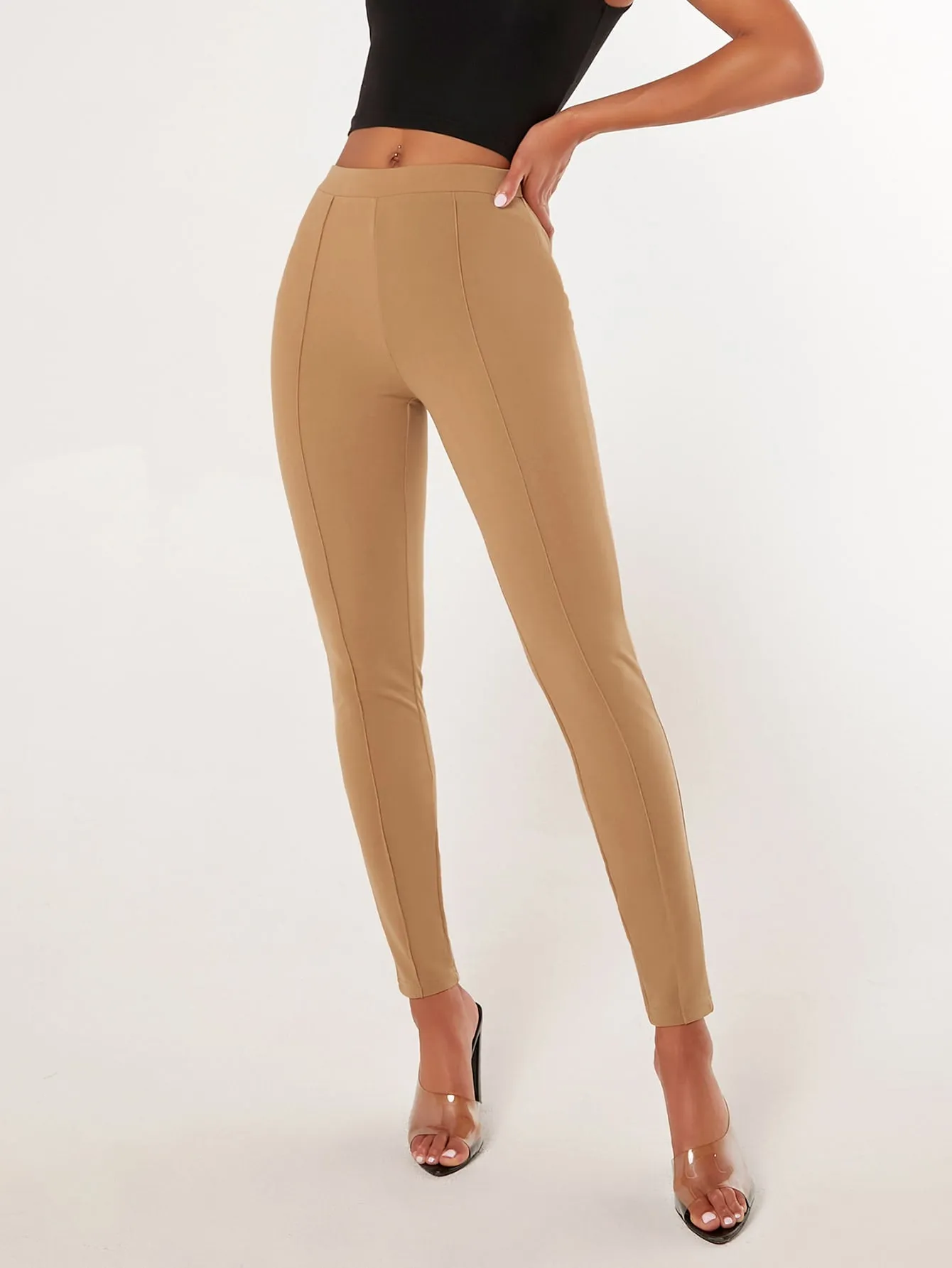 Solid Seam Detail Skinny High Waist Trousers